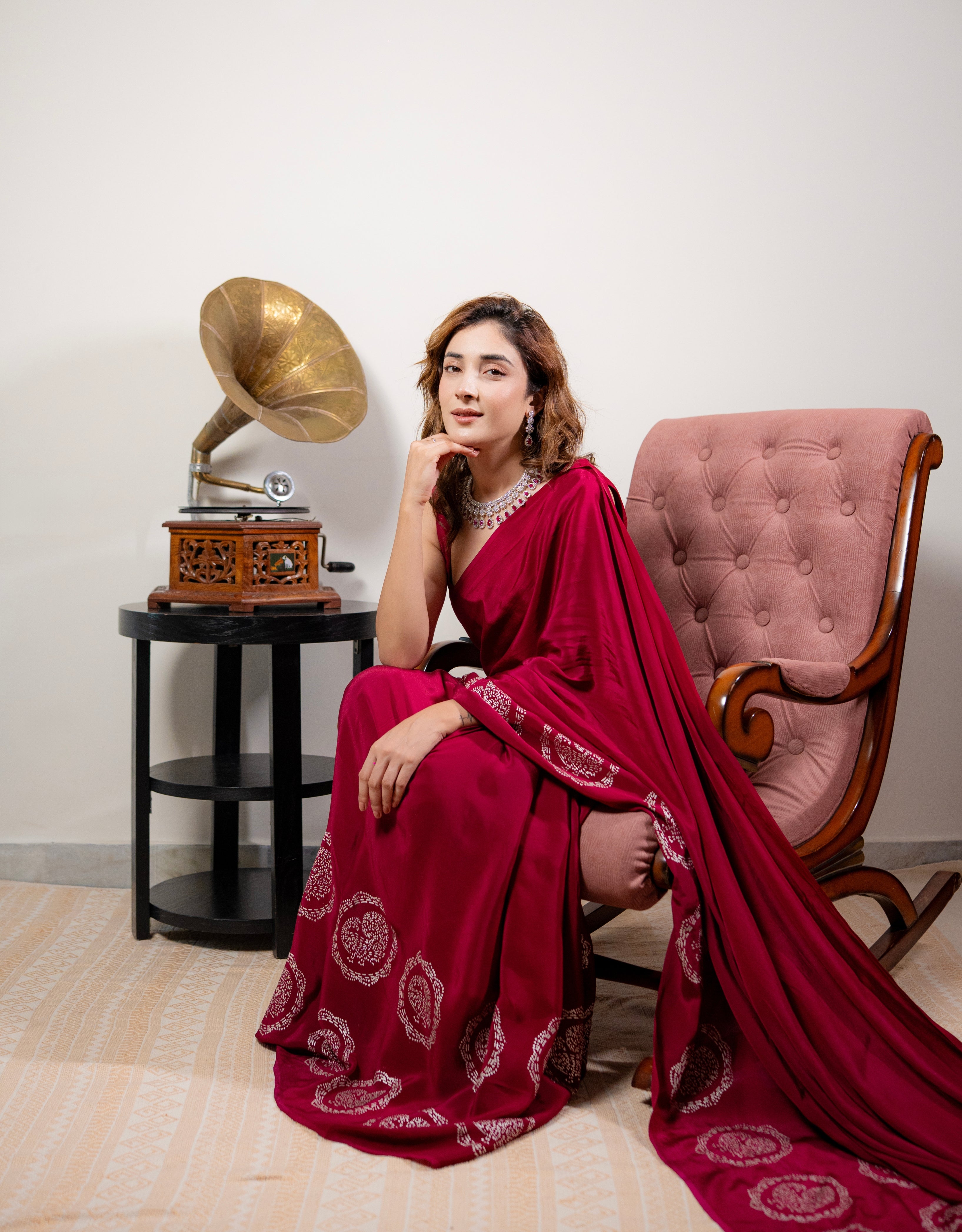 Wine Real Silver Organic Crepe Saree