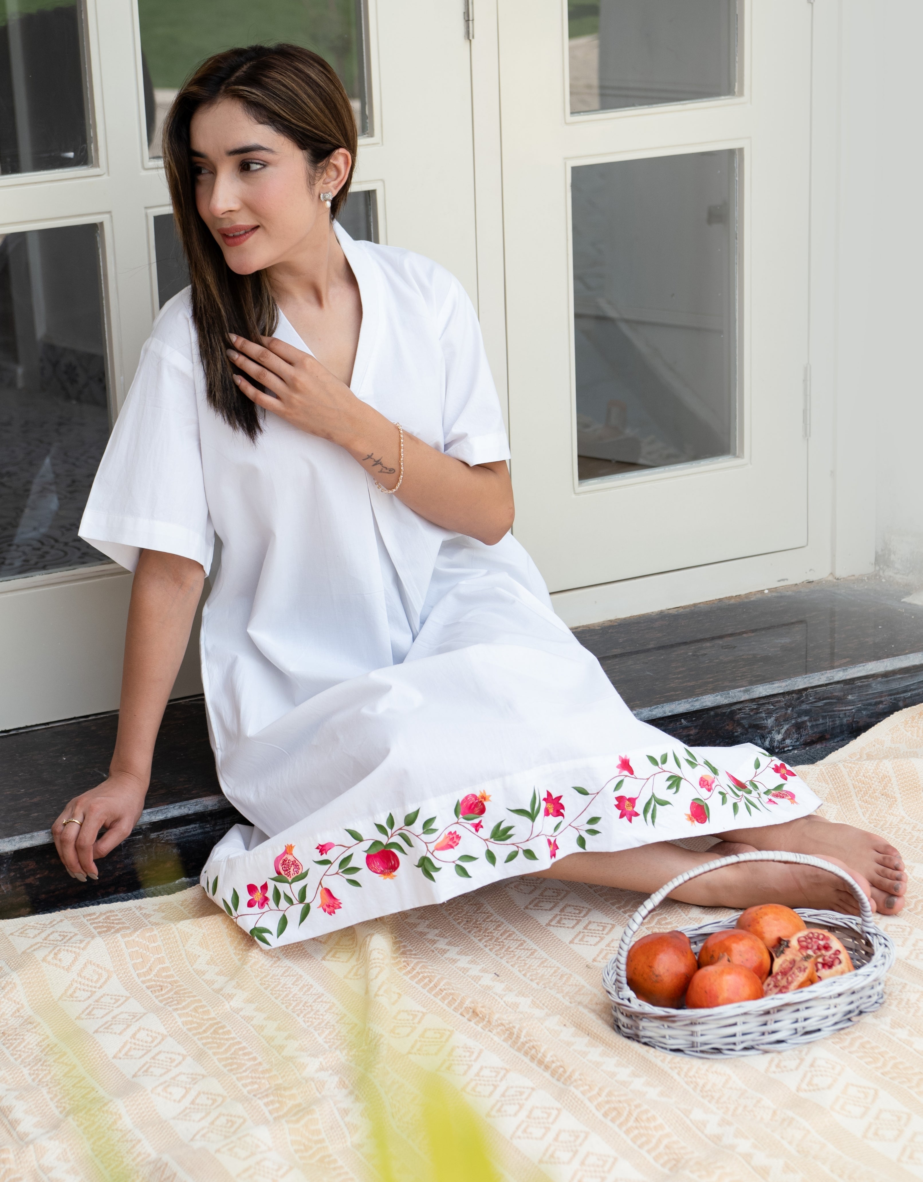 Ivory Pomegranate Hem Handpainted Cotton Dress