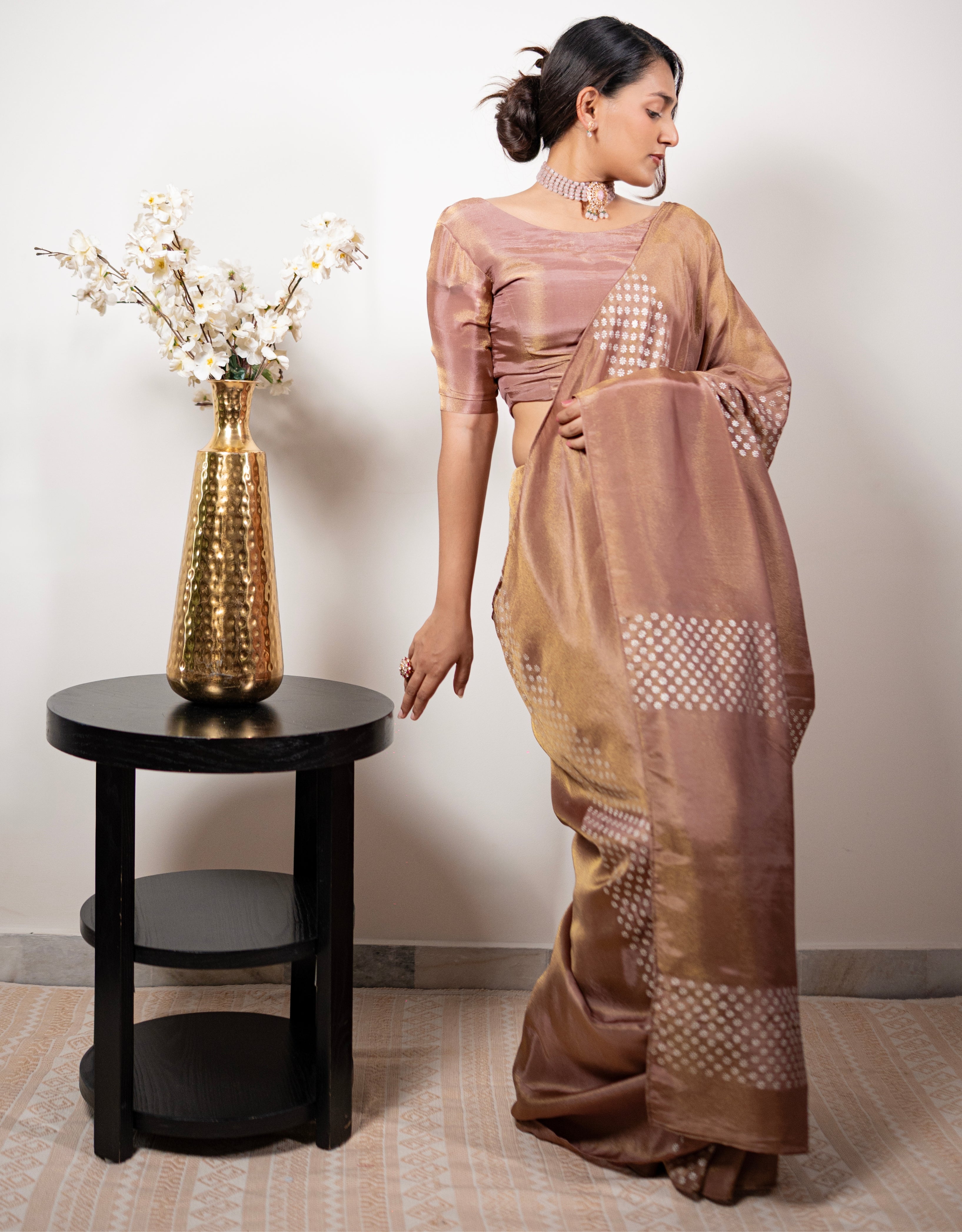 Nutmeg Real Silver Saree in Tissue Silk