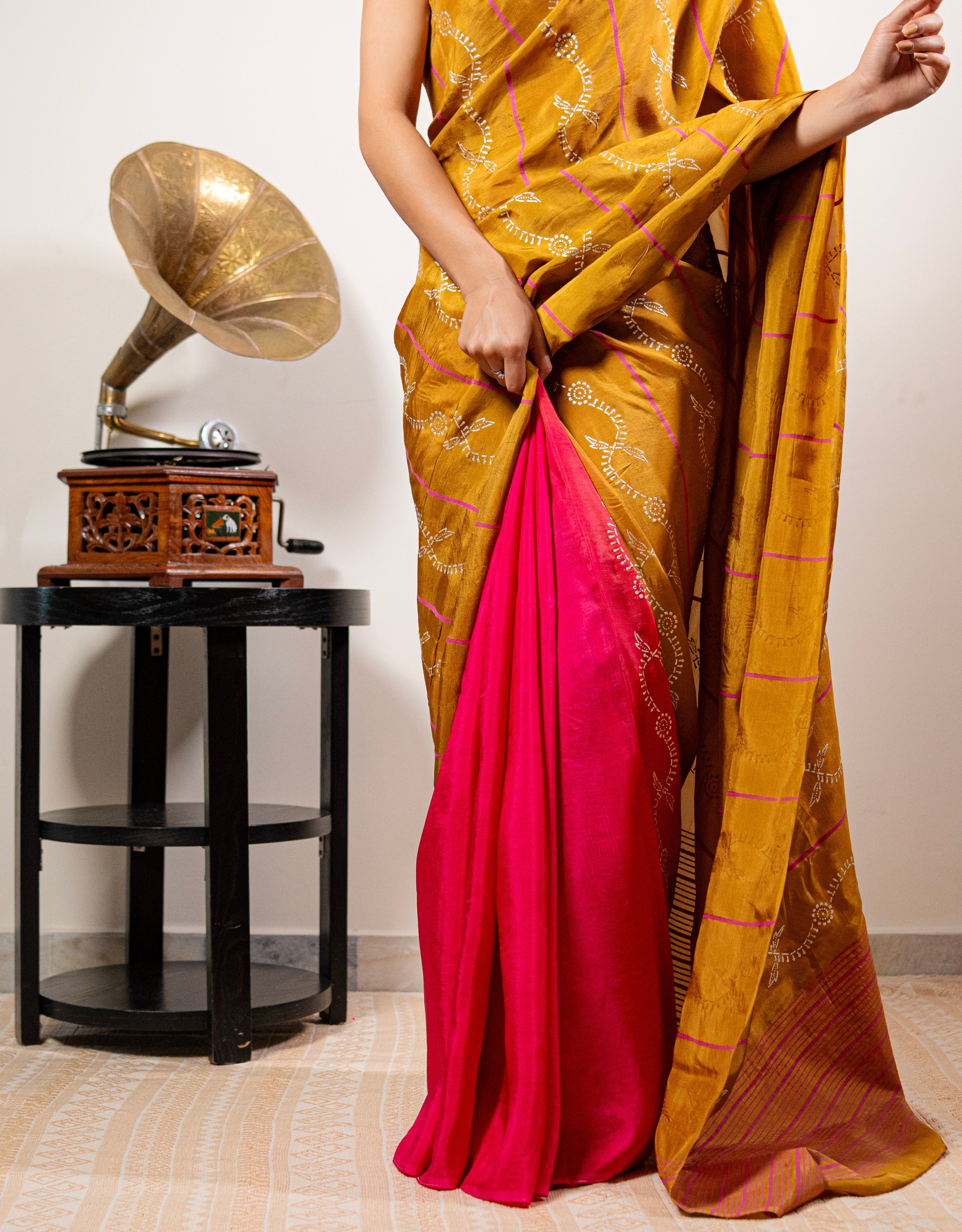 Honey Fuchsia Real Silver Block Print Silk Saree