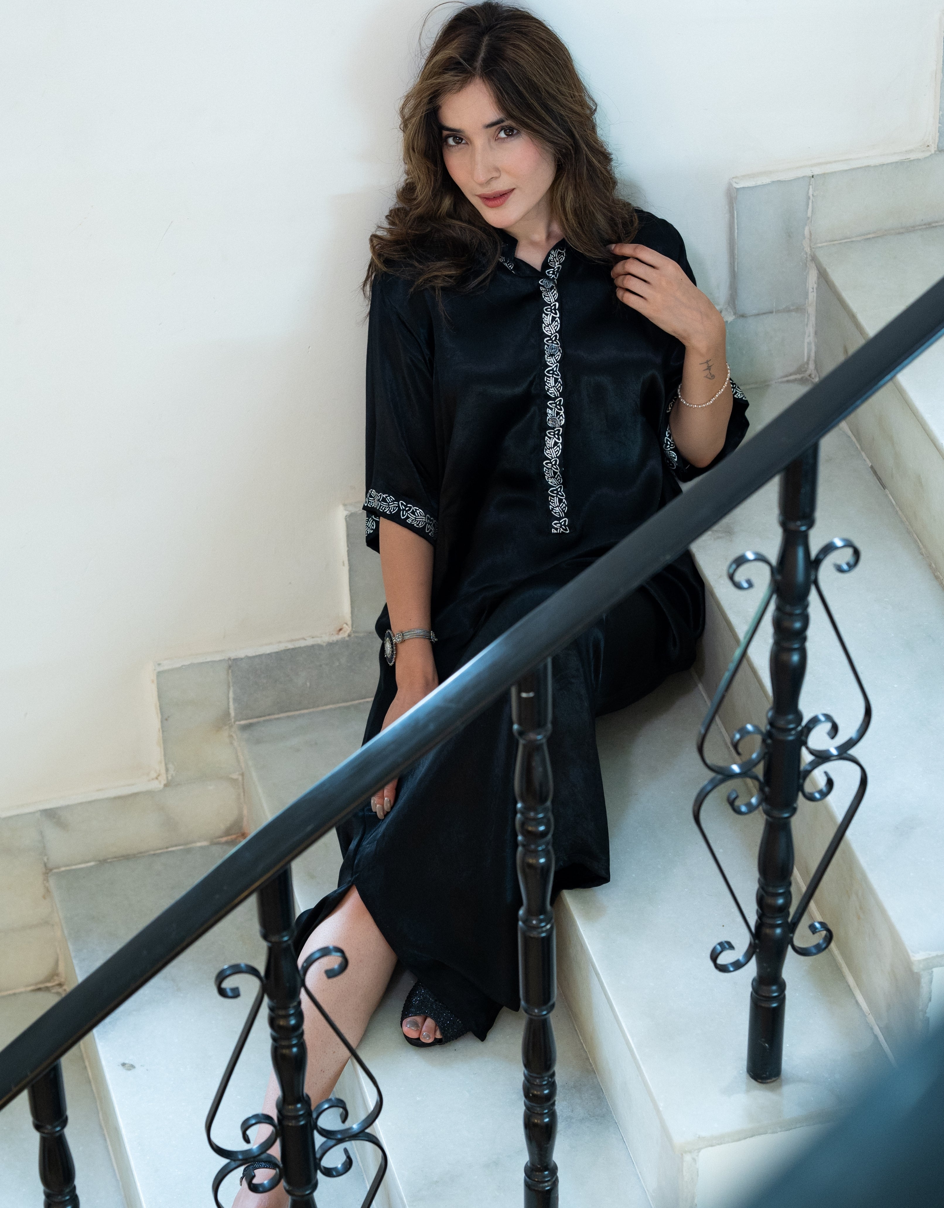 Midnight Real Silver Mashru Straight Dress