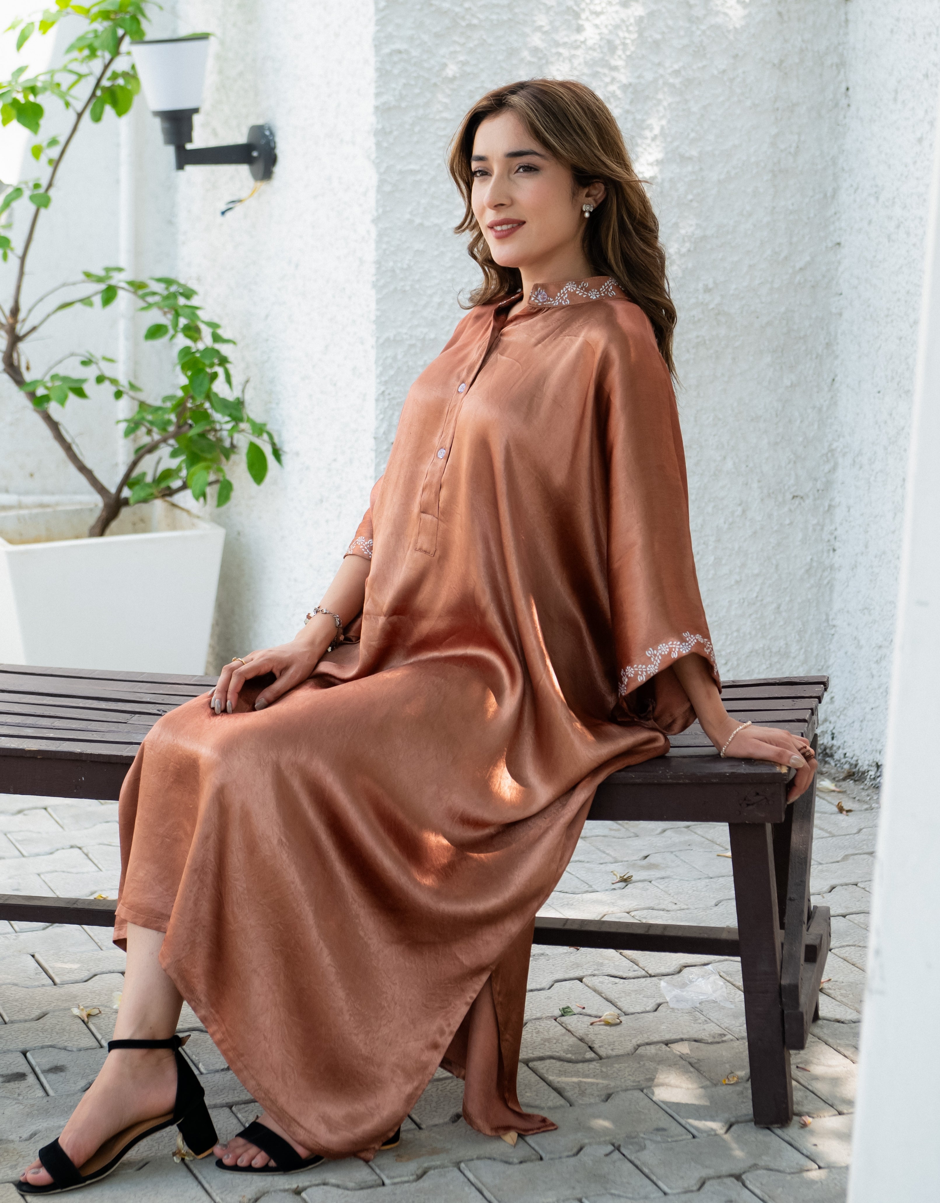 French Beige Real Silver Band Collar Mashru Kaftan