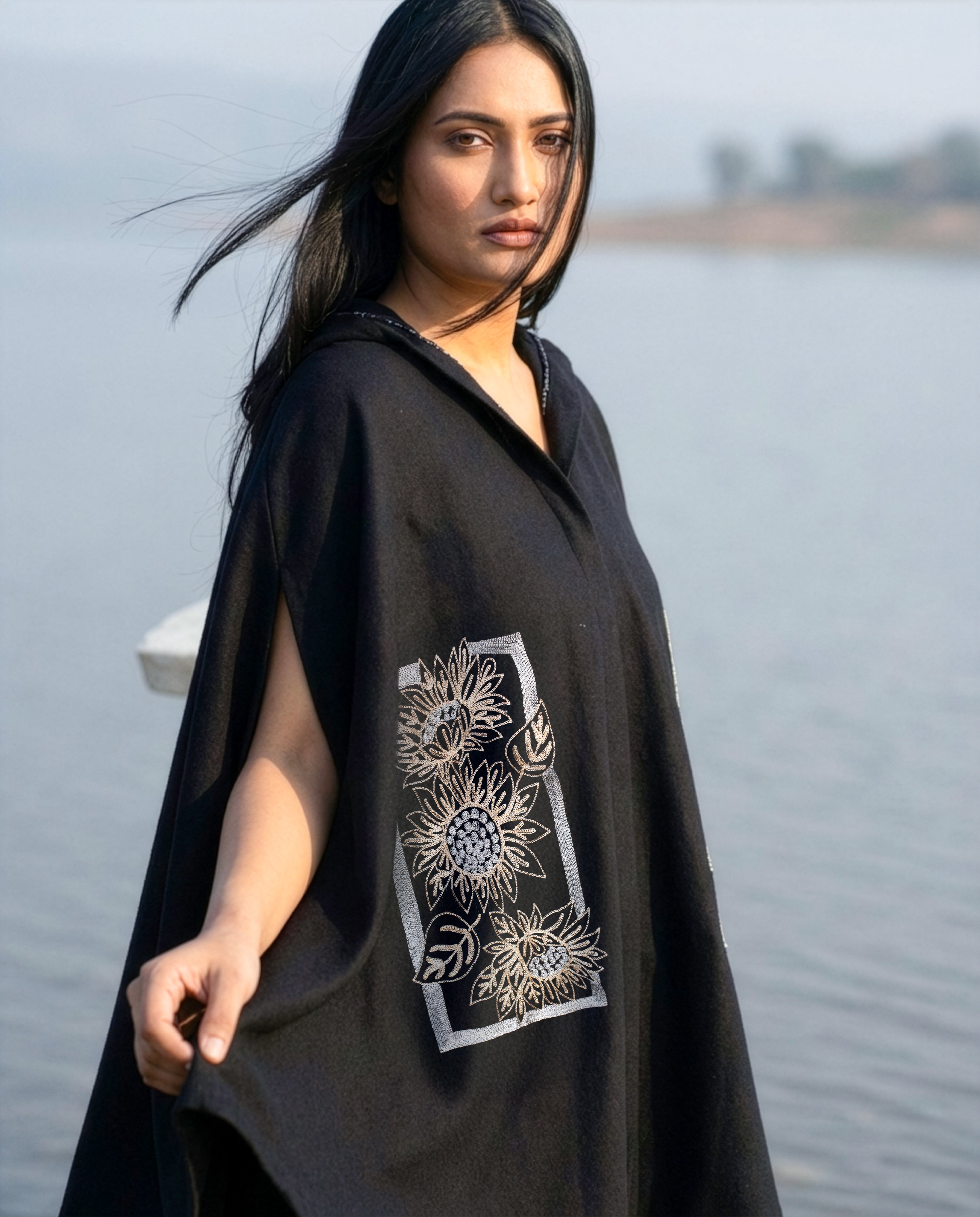 Midnight Harvest Sunflower Embroidered Cape