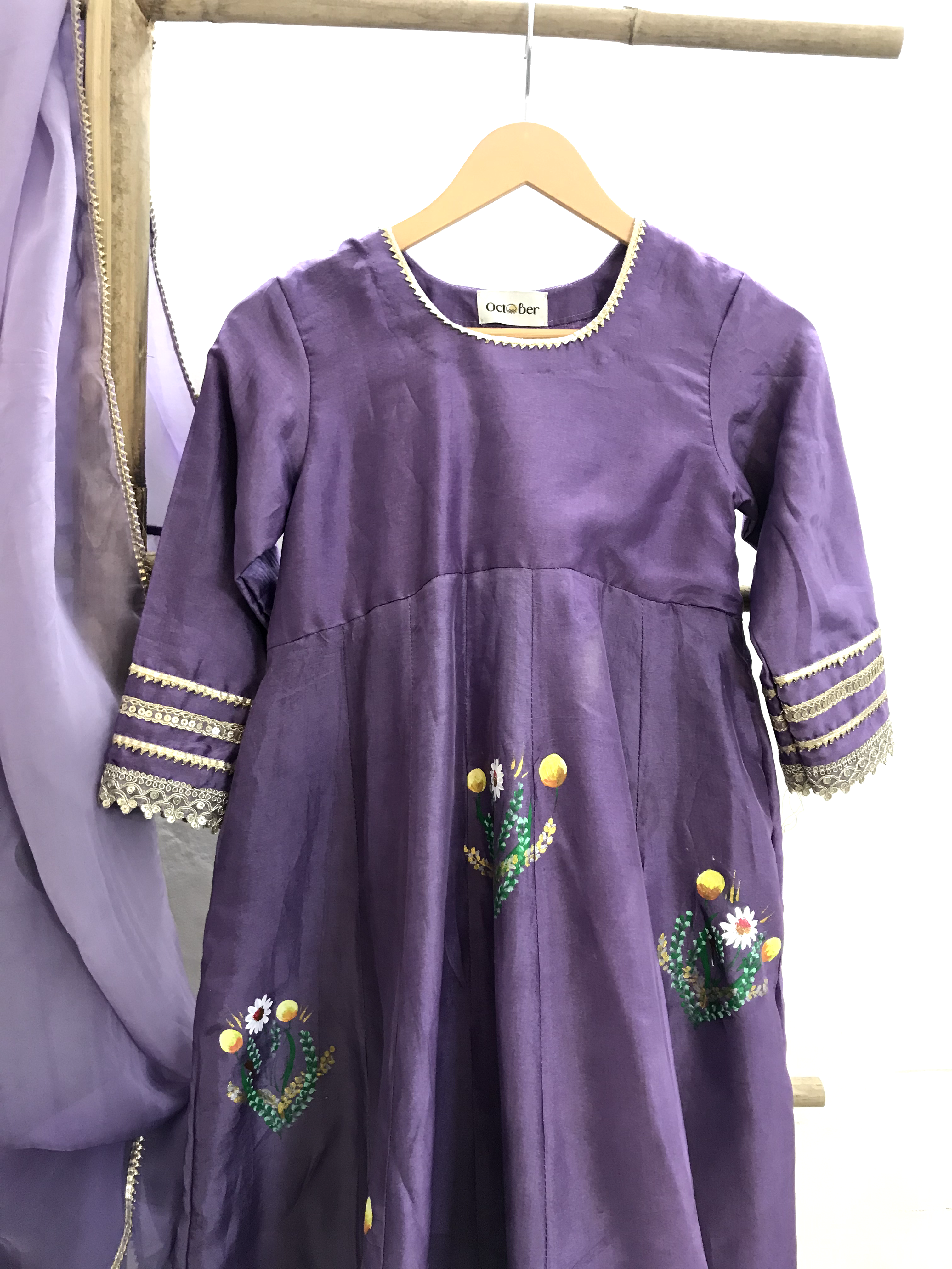 Lilac Handpainted Silk Anarkali Suit (Kids Wear)