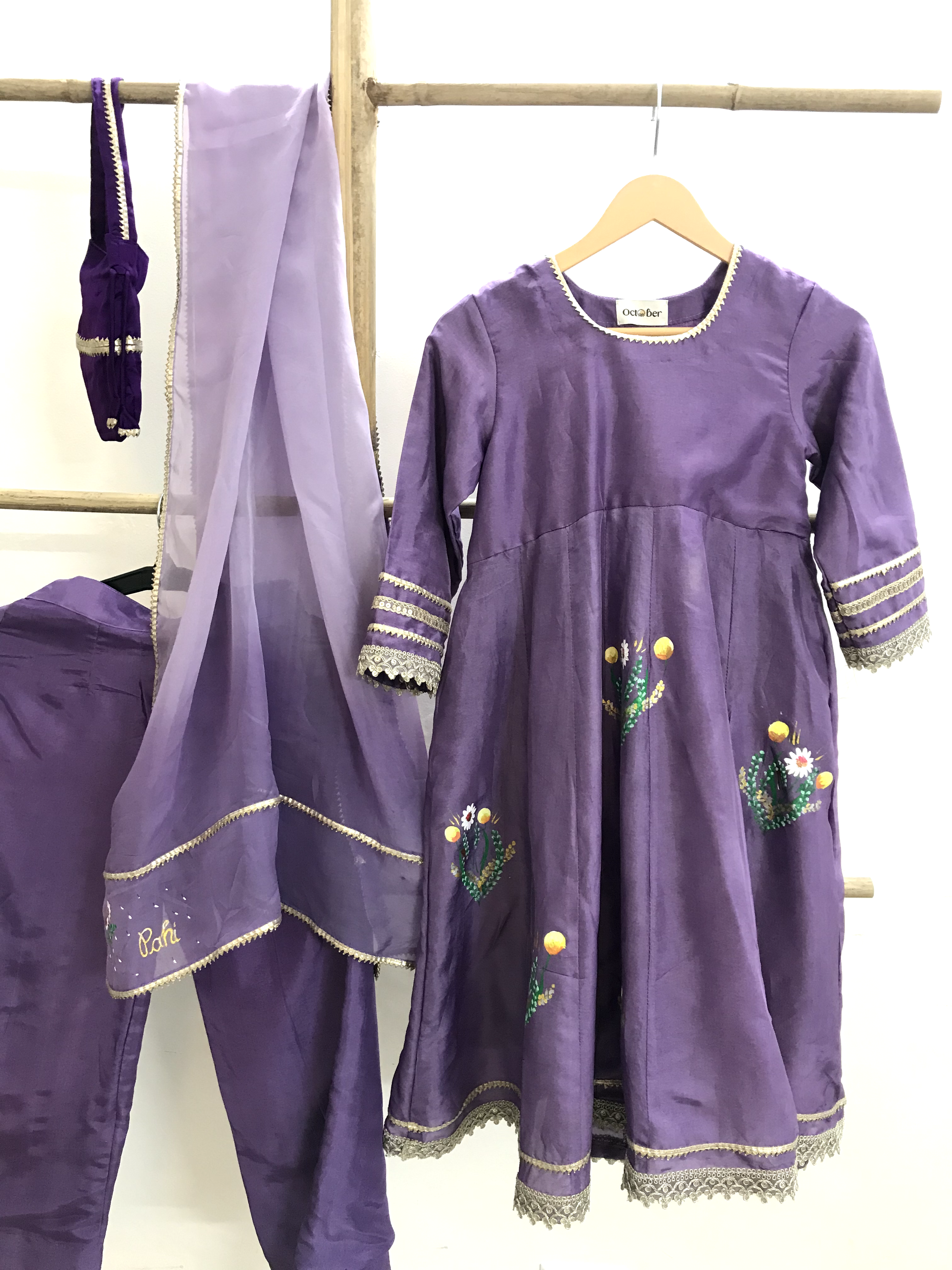 Lilac Handpainted Silk Anarkali Suit (Kids Wear)