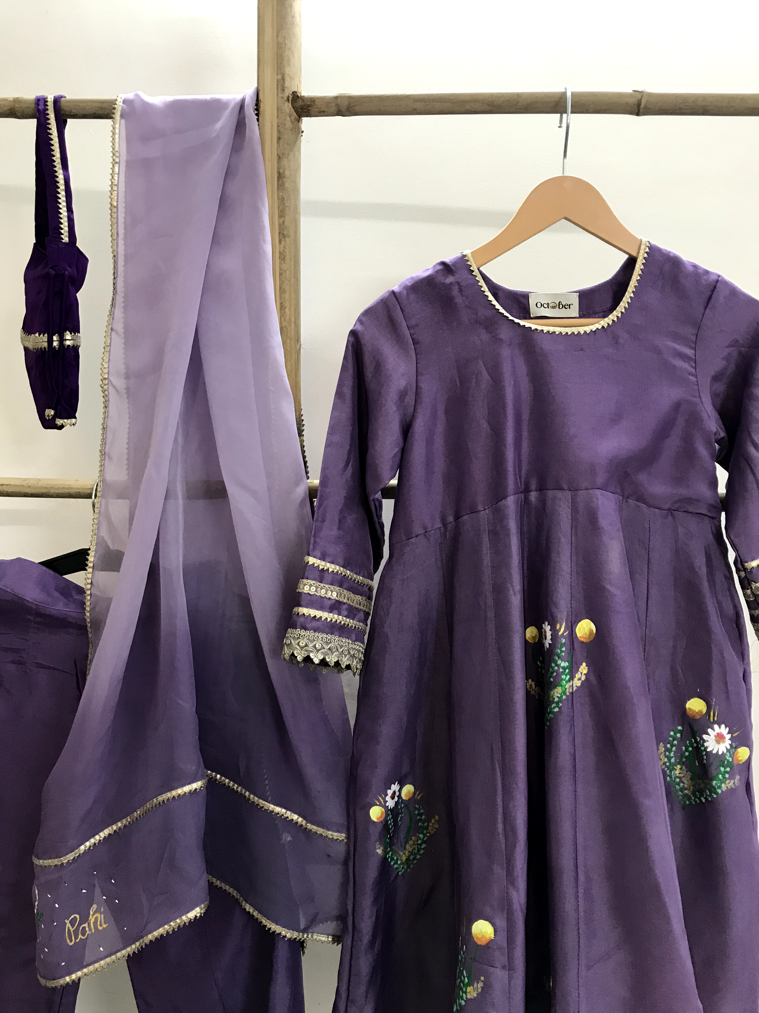 Lilac Handpainted Silk Anarkali Suit (Kids Wear)
