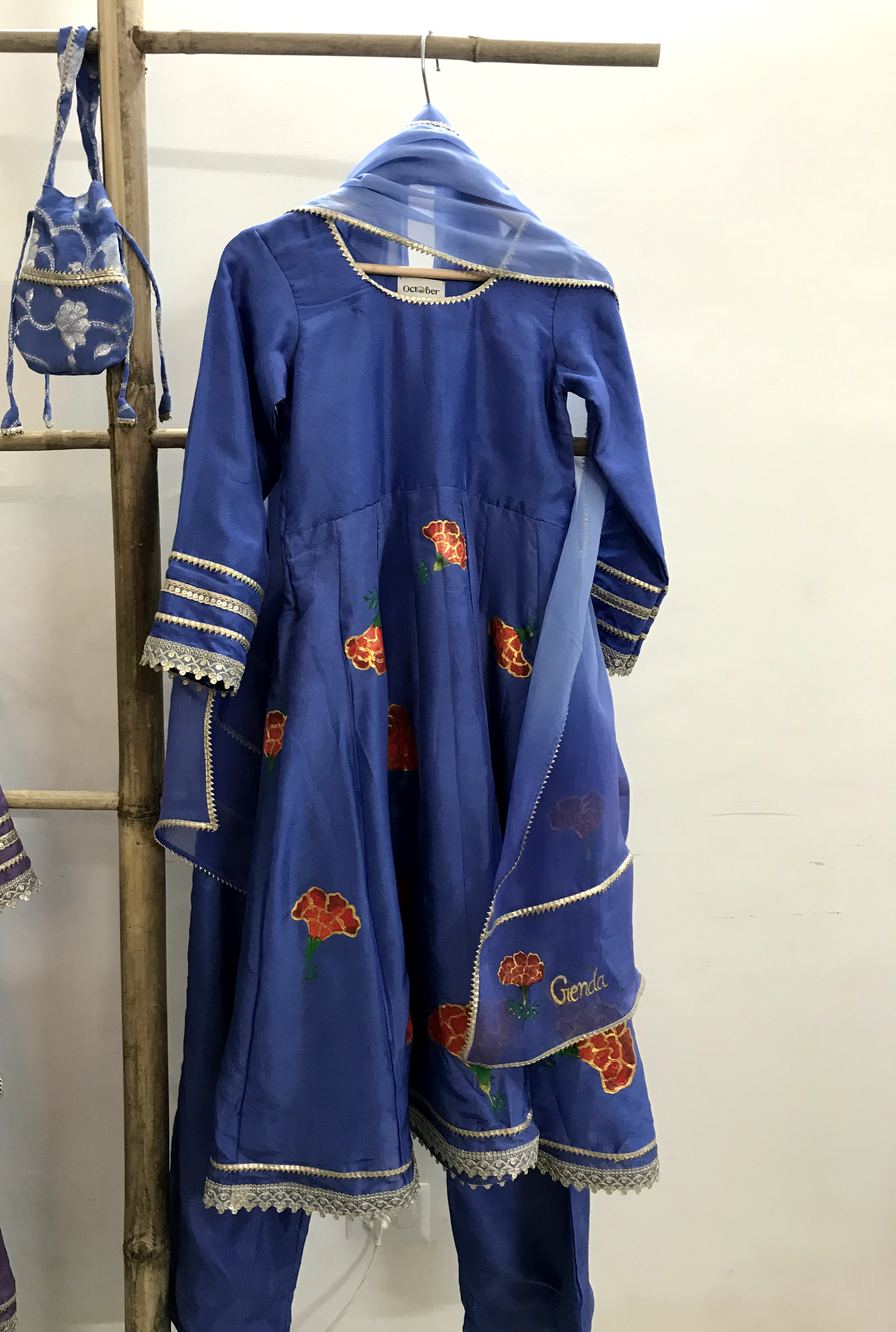 Blue Handpainted Silk Anarkali Suit (Kids Wear)