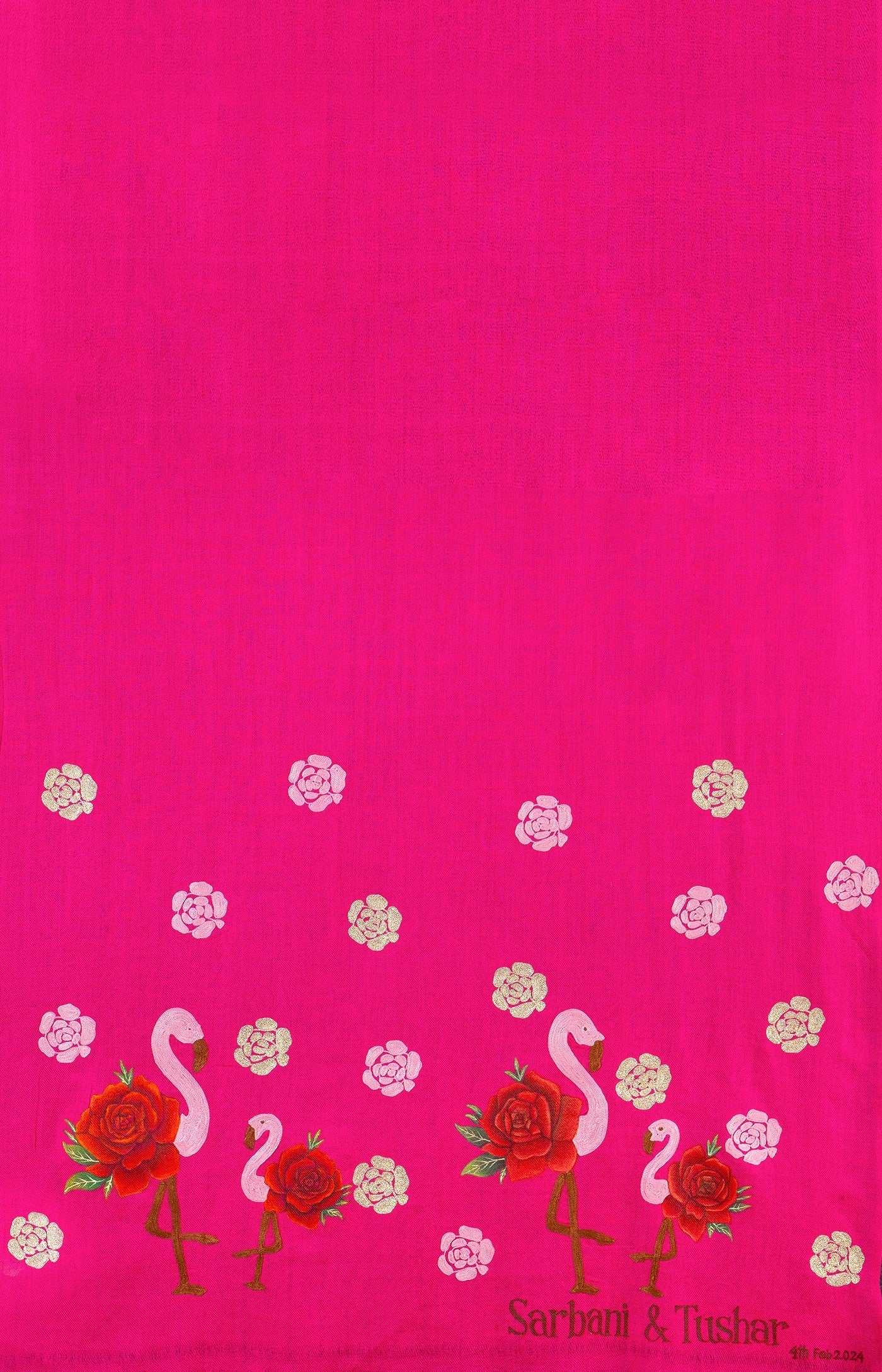 Hot Pink Pure Pashmina Hand-Painted Scarf - Flamingo & Roses (We Got You Flowers)