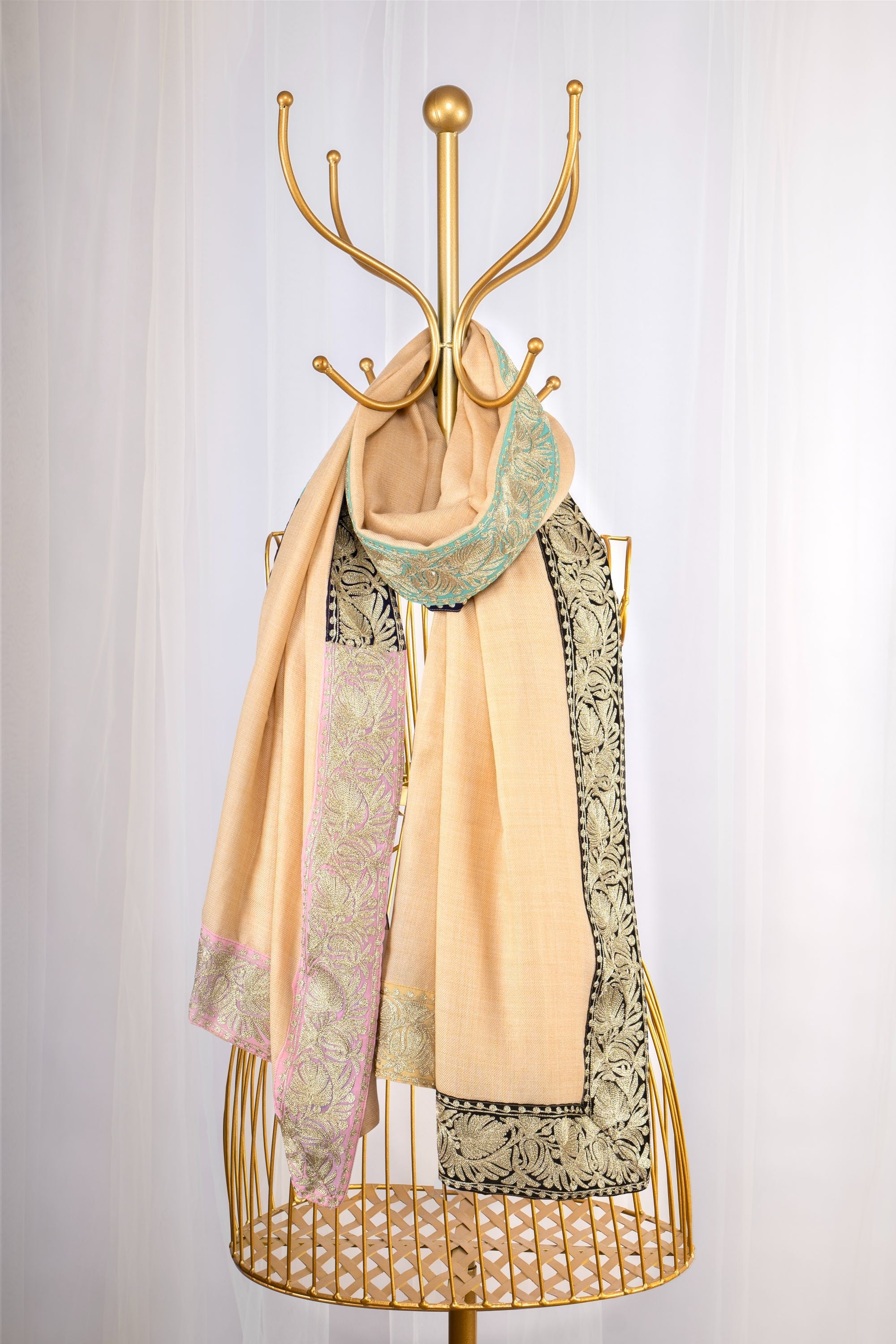 Coloring Boundaries in Pashmina-Embroidered Stole with Earthy Tones and Ornate Borders in Beige (Love Jammu & kashmir)