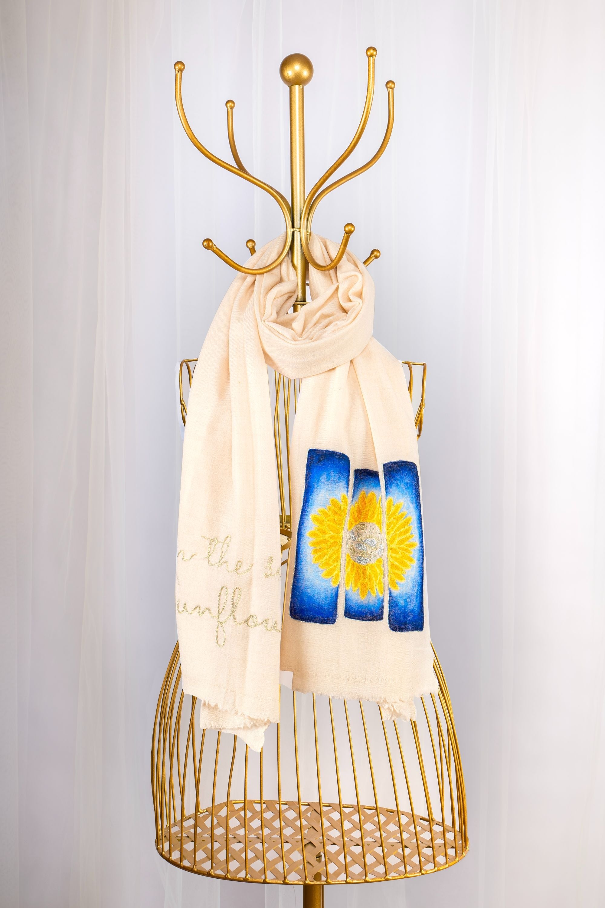 White Pure Pashmina Hand-Painted Embroidered Scarf - Sketched Sunflowers (We Got You Flowers)