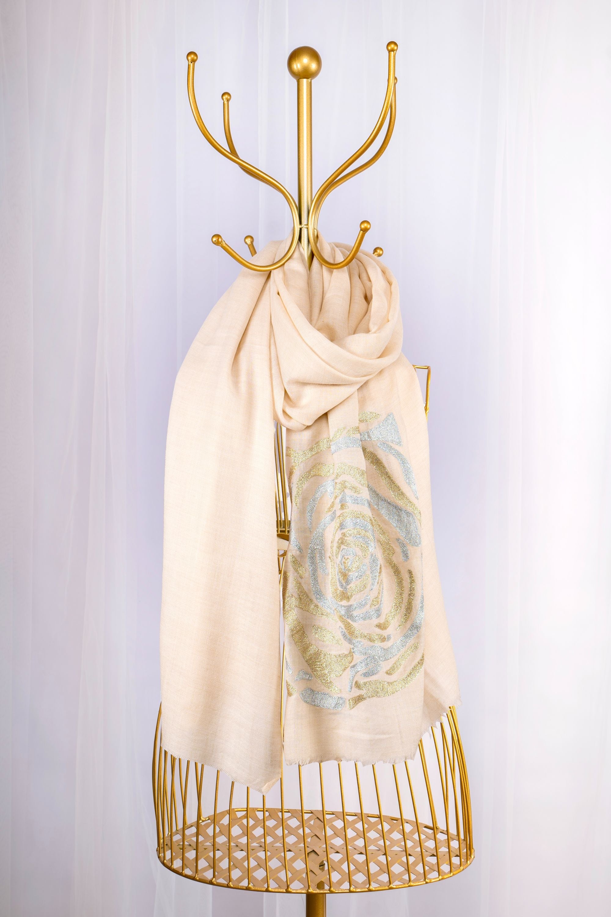 White Pure Pashmina Embroidered Scarf - Have a Rosy Day (We Got You Flowers)