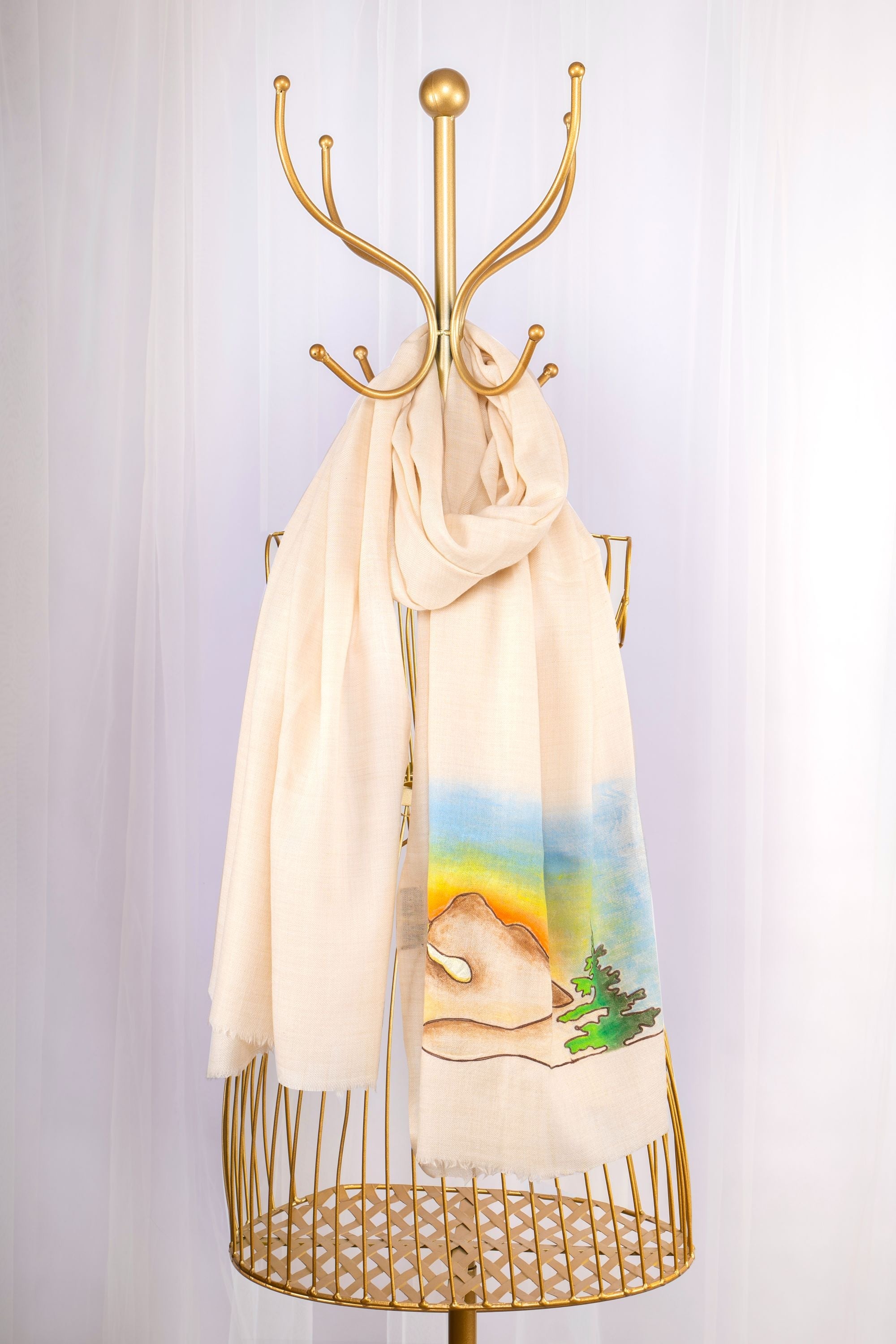 Beige Pure Pashmina Hand-Painted & Embroidered Scarf - Somewhere Sometimes (Lines, Swirls & More)