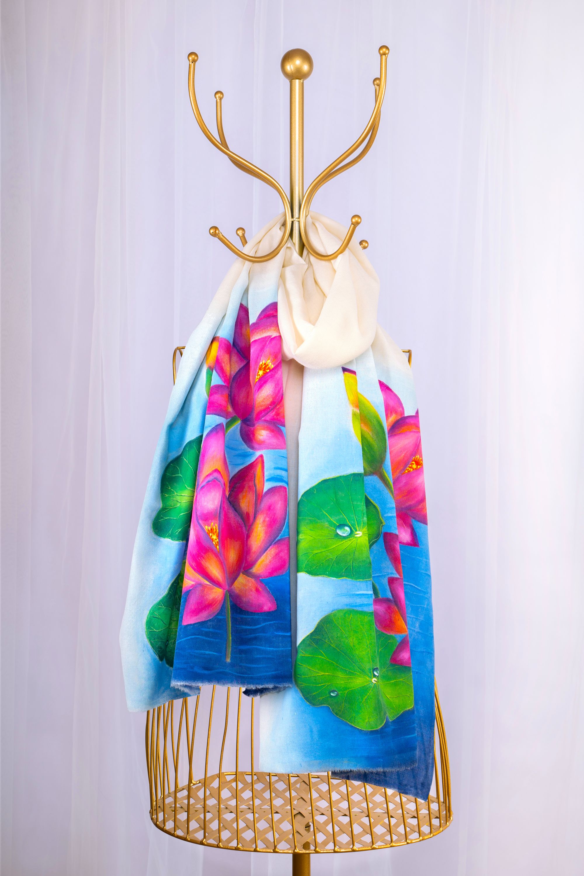 White Fine Wool Scarf - Blooming Lotus (Love Jammu & kashmir)