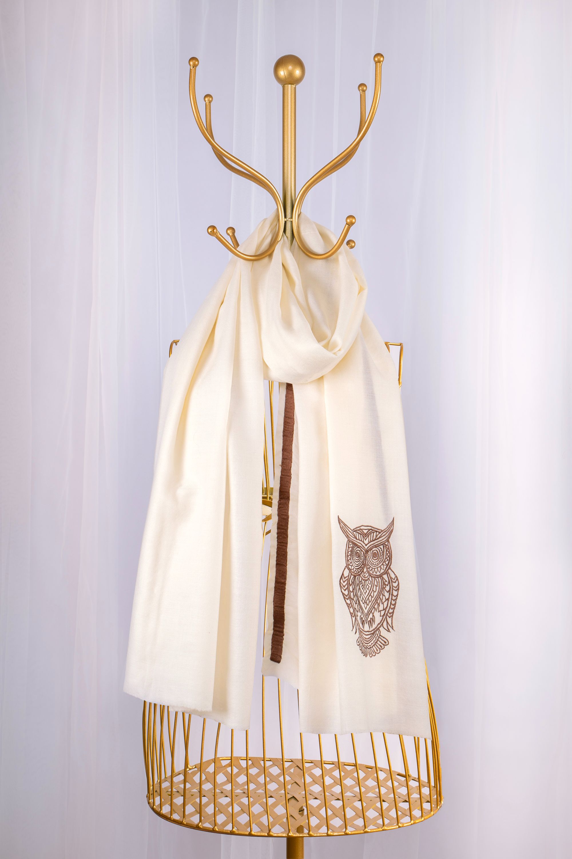 White Fine Wool Embroidered Scarf - As Wise as an Owl (Into Their Den)