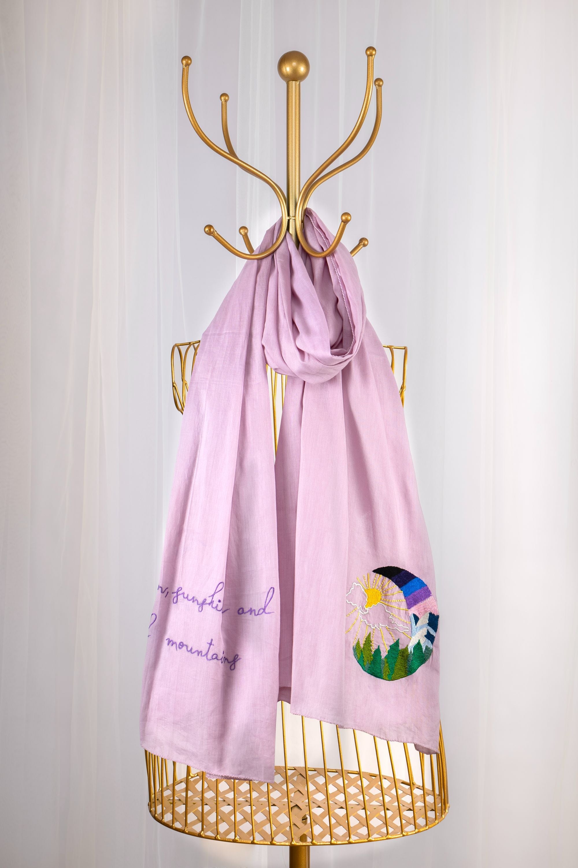 Purple Cotton Embroidered Scarf - Moon Mountains and Sunshine (Love Jammu & Kashmir)