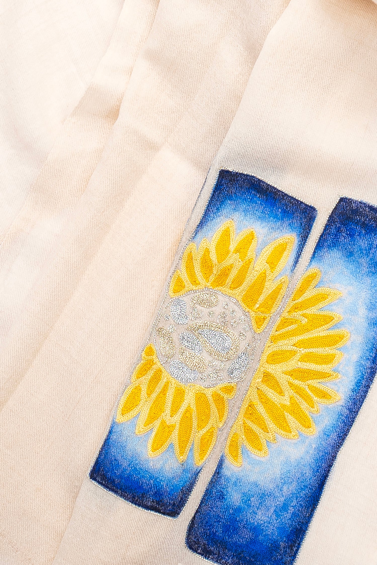 White Pure Pashmina Hand-Painted Embroidered Scarf - Sketched Sunflowers (We Got You Flowers)