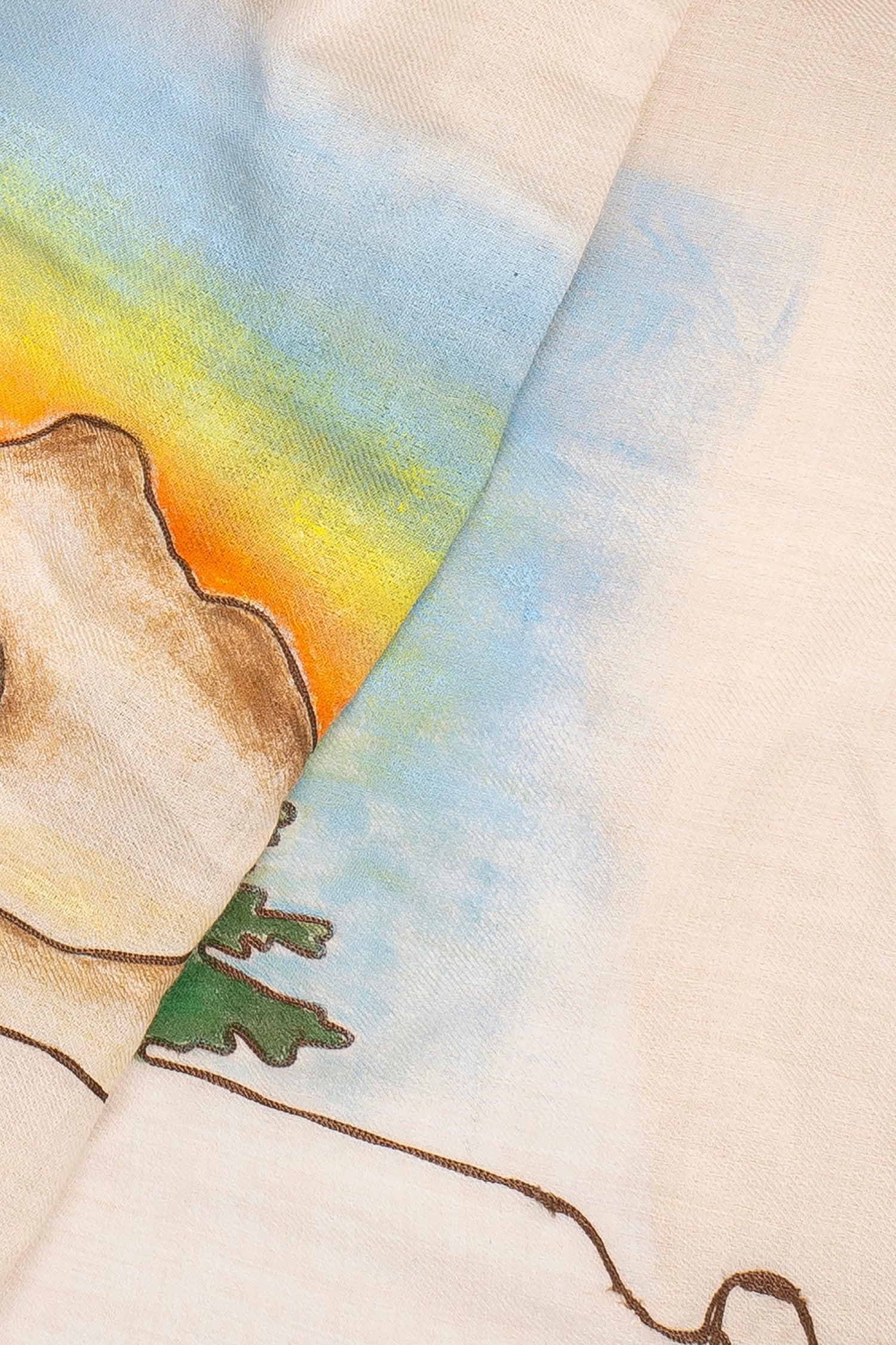 Beige Pure Pashmina Hand-Painted & Embroidered Scarf - Somewhere Sometimes (Lines, Swirls & More)