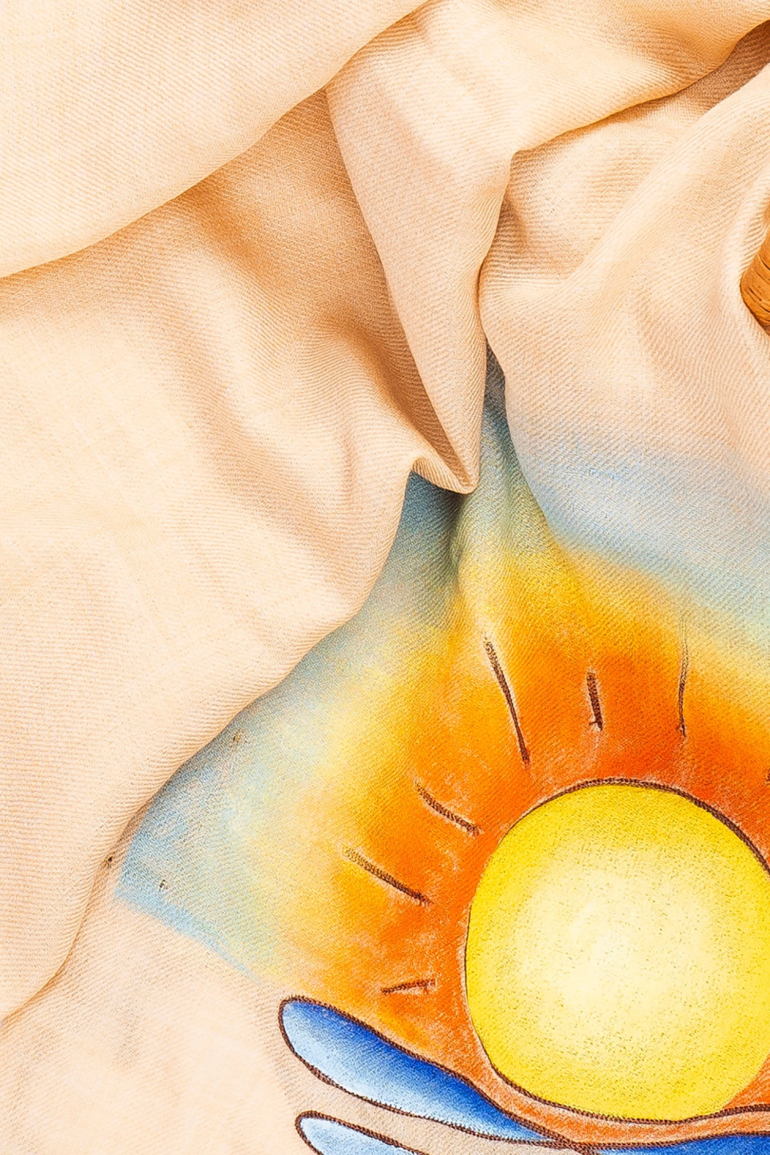 Beige Pure Pashmina Hand-Painted & Embroidered Scarf - Sunset Somewhere (Lines, Swirls & More)