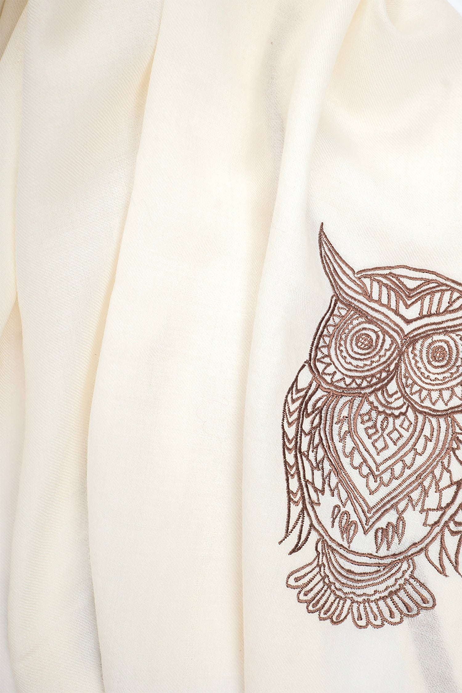 White Fine Wool Embroidered Scarf - As Wise as an Owl (Into Their Den)