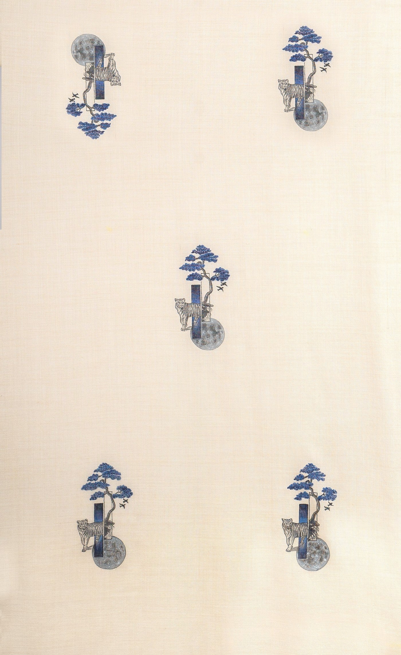 Beige Pure Pashmina Hand-Painted Scarf - Tiger in Woods (Into their Den)