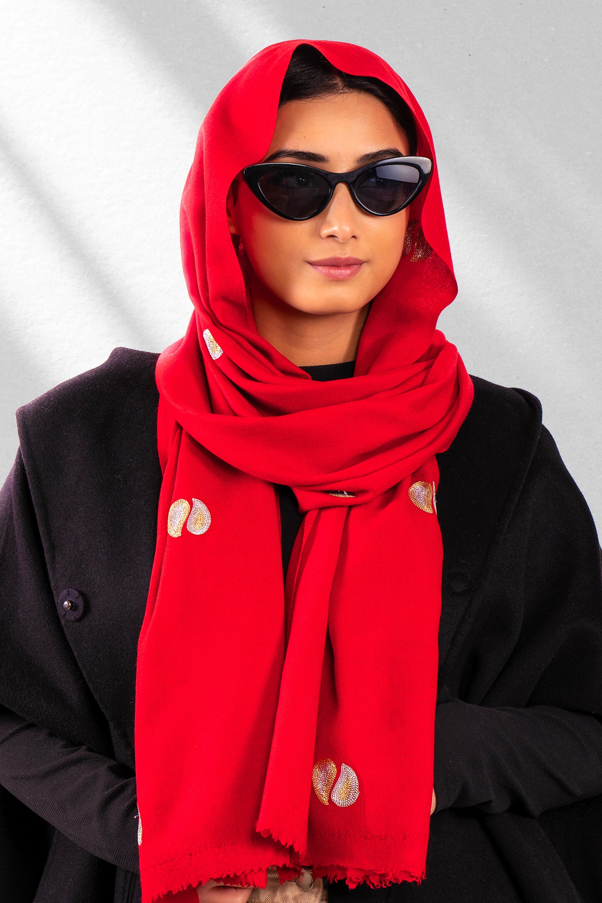 Red Pure Pashmina Embroidered Scarf - Ambi & Kaeri (Love Jammu & Kashmir)