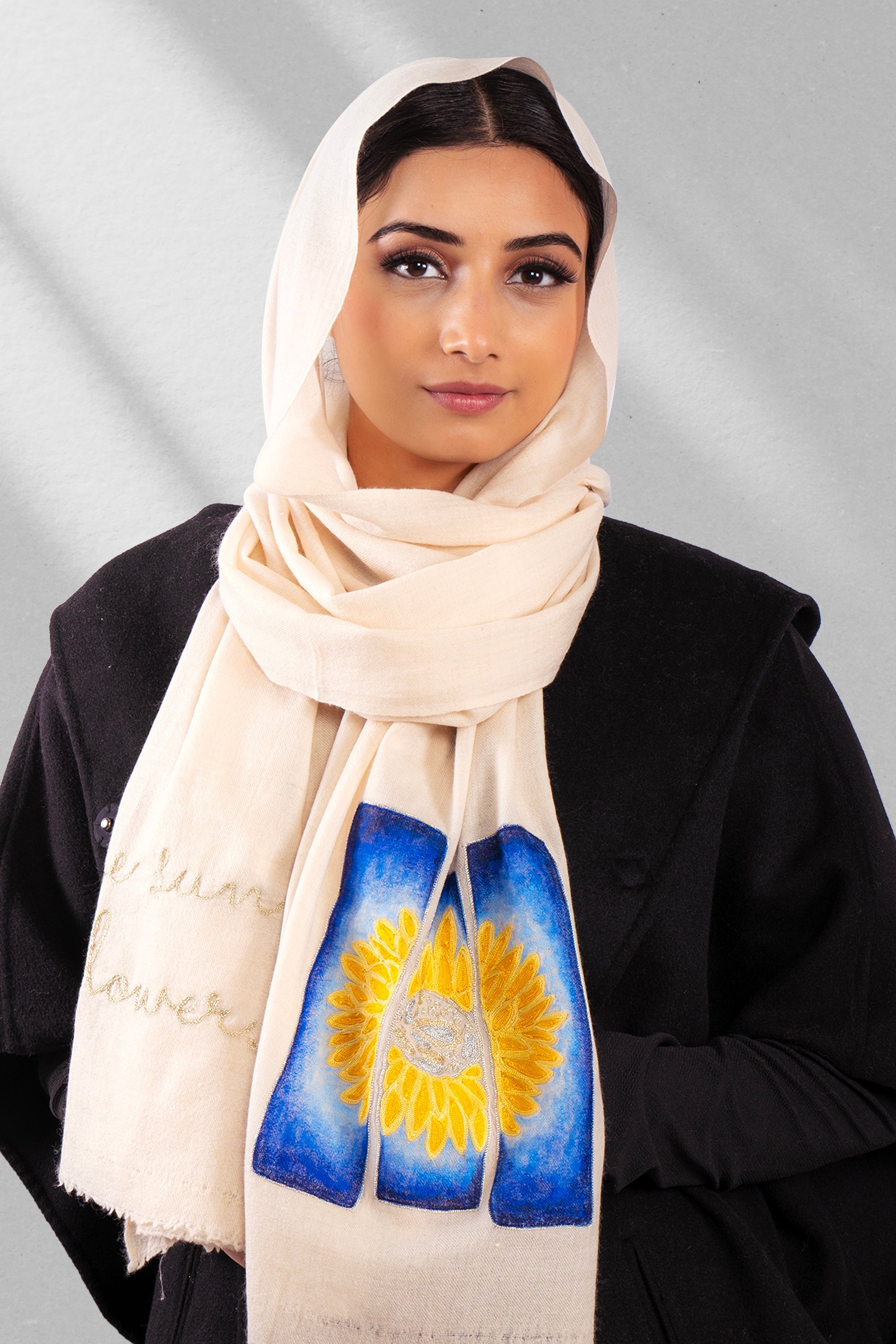White Pure Pashmina Hand-Painted Embroidered Scarf - Sketched Sunflowers (We Got You Flowers)