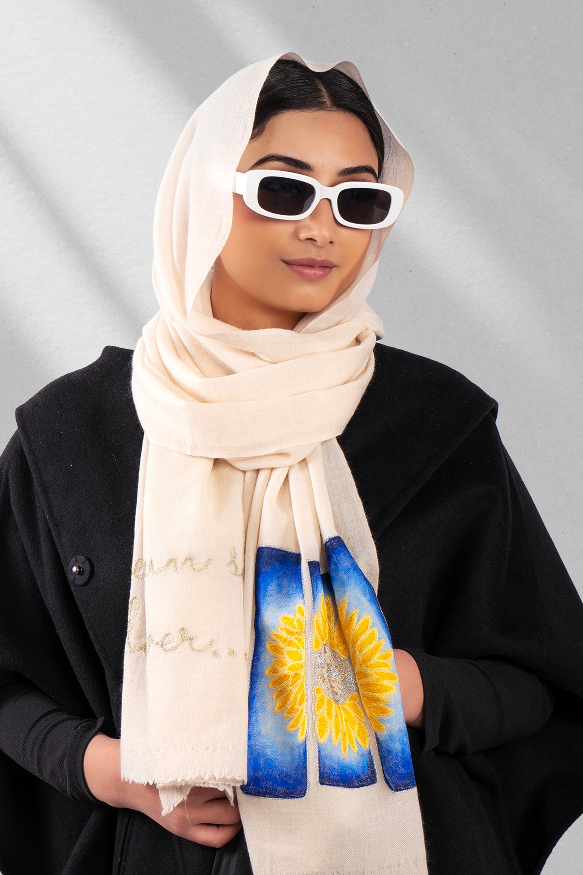 White Pure Pashmina Hand-Painted Embroidered Scarf - Sketched Sunflowers (We Got You Flowers)