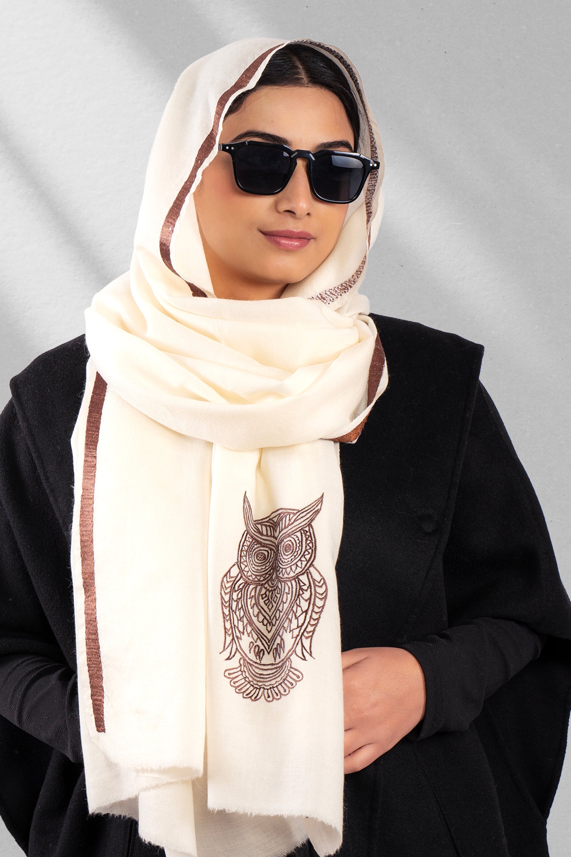 White Fine Wool Embroidered Scarf - As Wise as an Owl (Into Their Den)