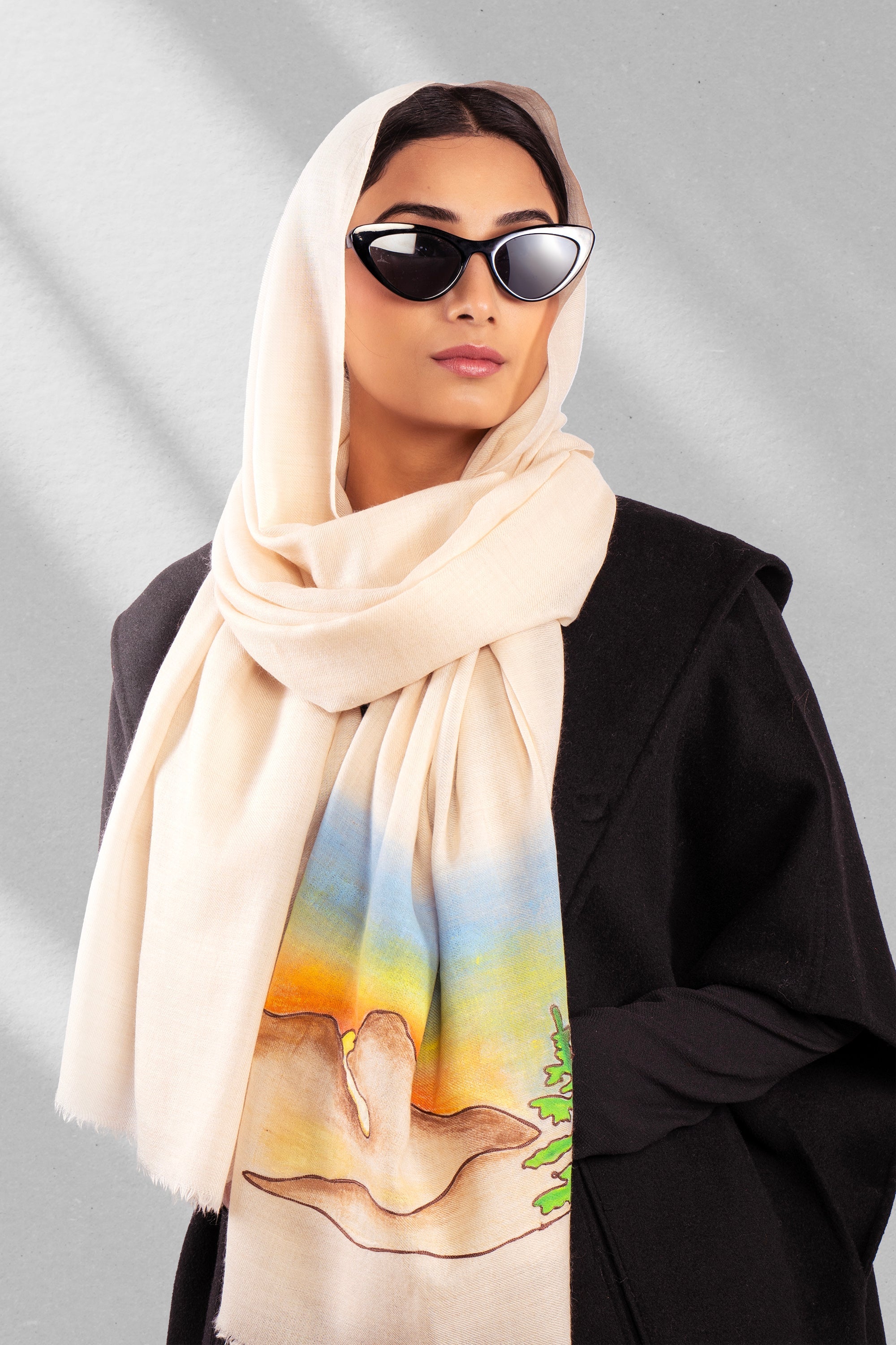 Beige Pure Pashmina Hand-Painted & Embroidered Scarf - Somewhere Sometimes (Lines, Swirls & More)