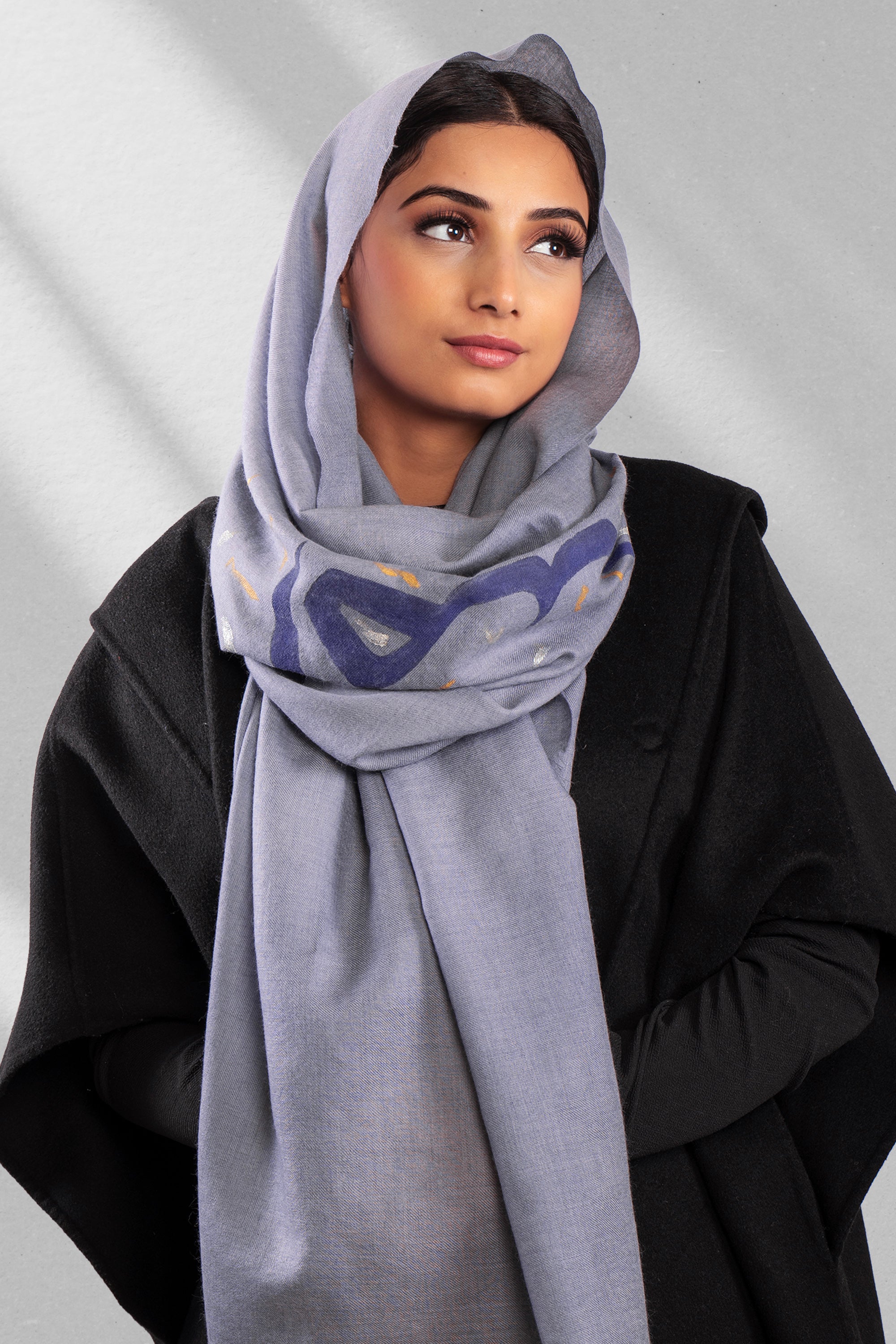 Grey Fine Wool Hand Painted Scarf - Umeed (Love Jammu & Kashmir)