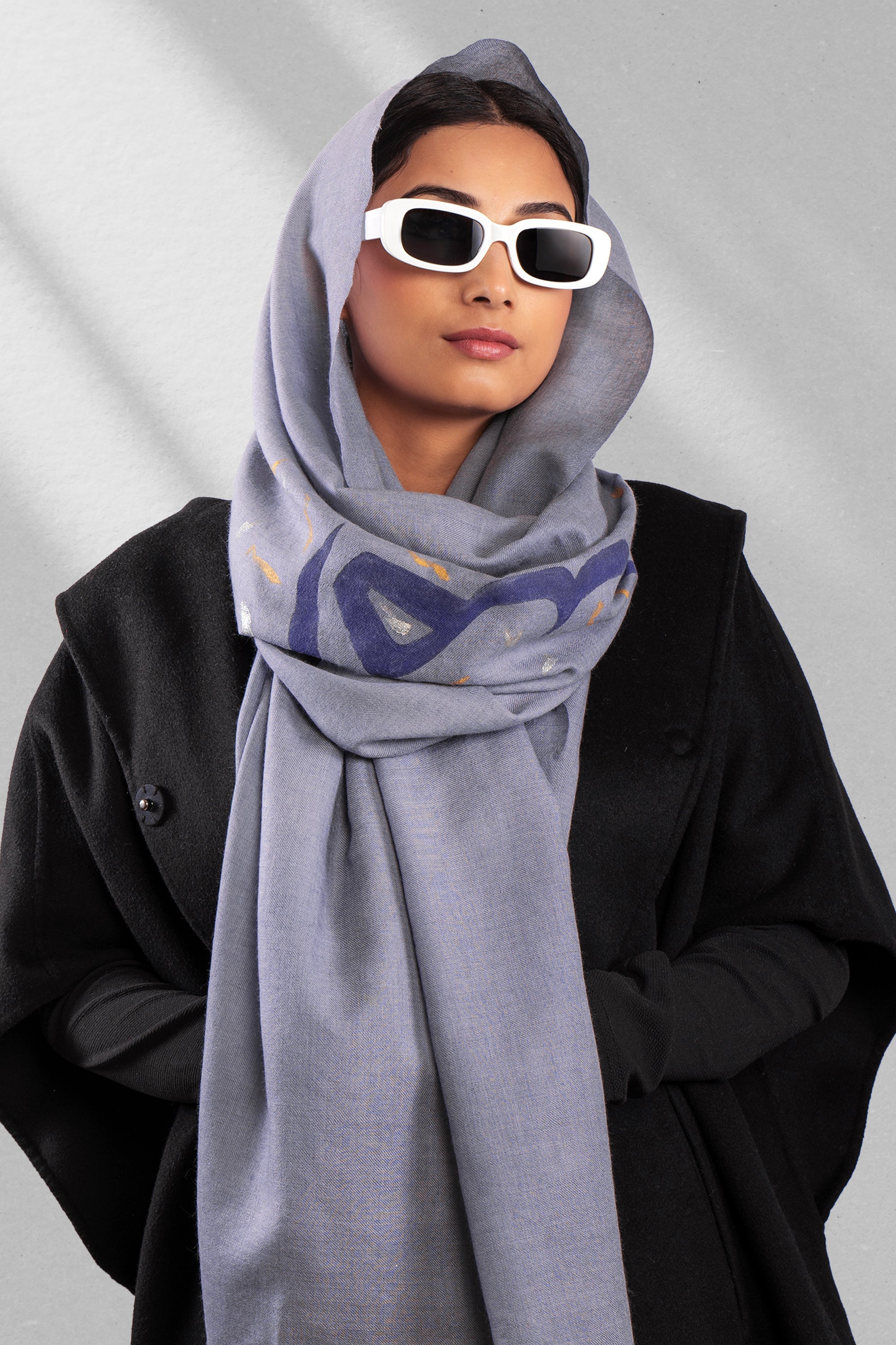 Grey Fine Wool Hand Painted Scarf - Umeed (Love Jammu & Kashmir)