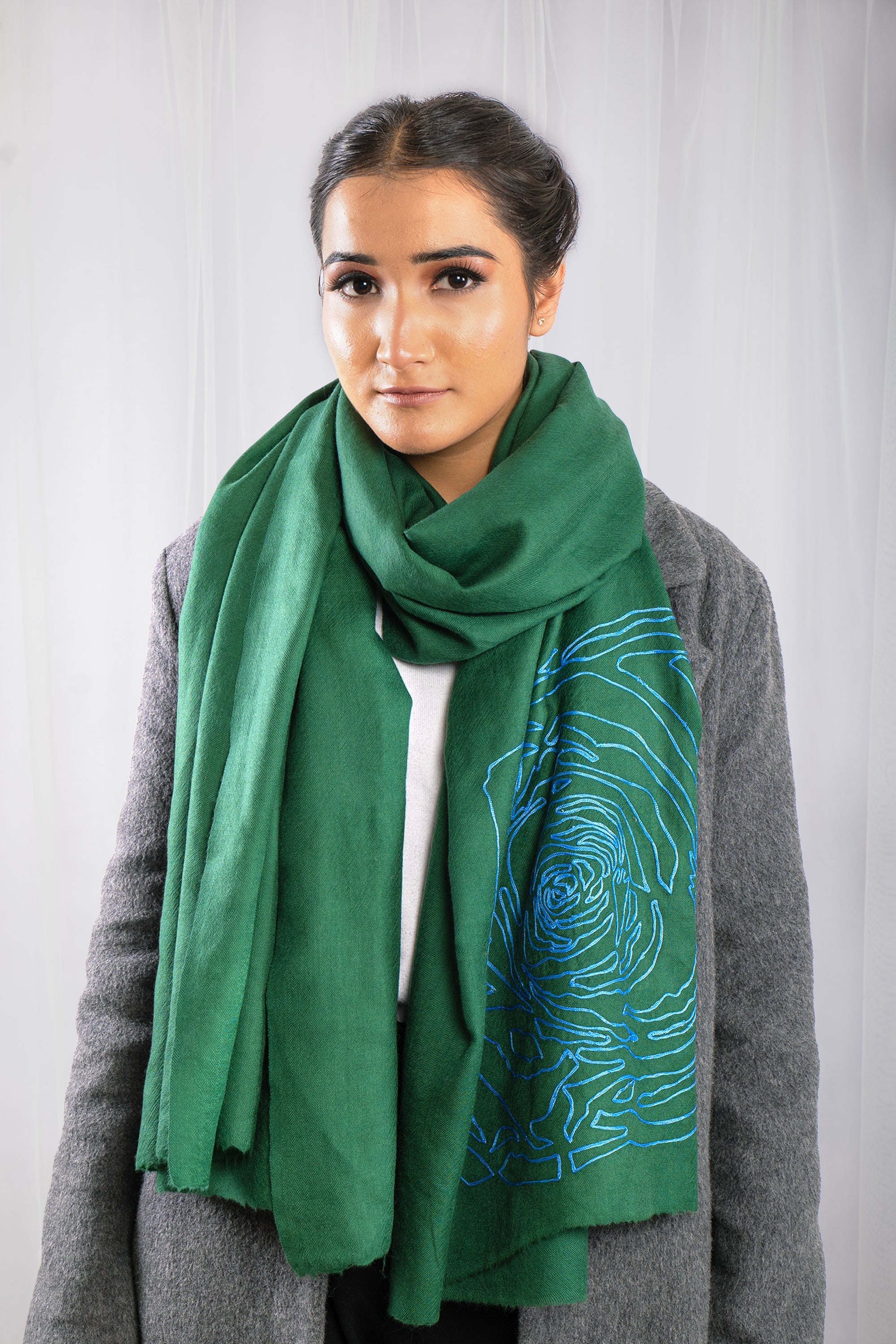 Green Pure Pashmina Embroidered Scarf - Have a Rosy Day (We Got You Flowers)