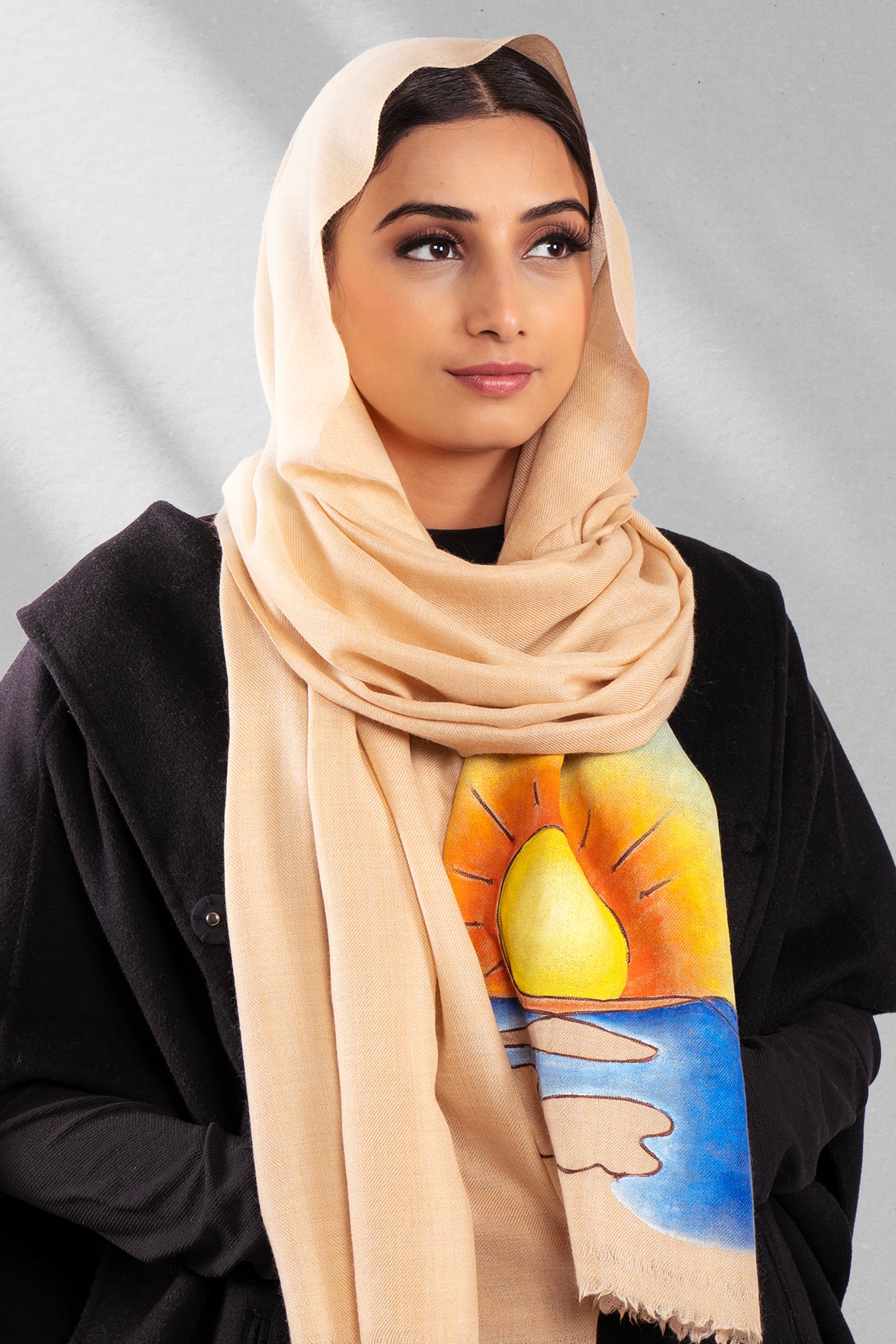 Beige Pure Pashmina Hand-Painted & Embroidered Scarf - Sunset Somewhere (Lines, Swirls & More)