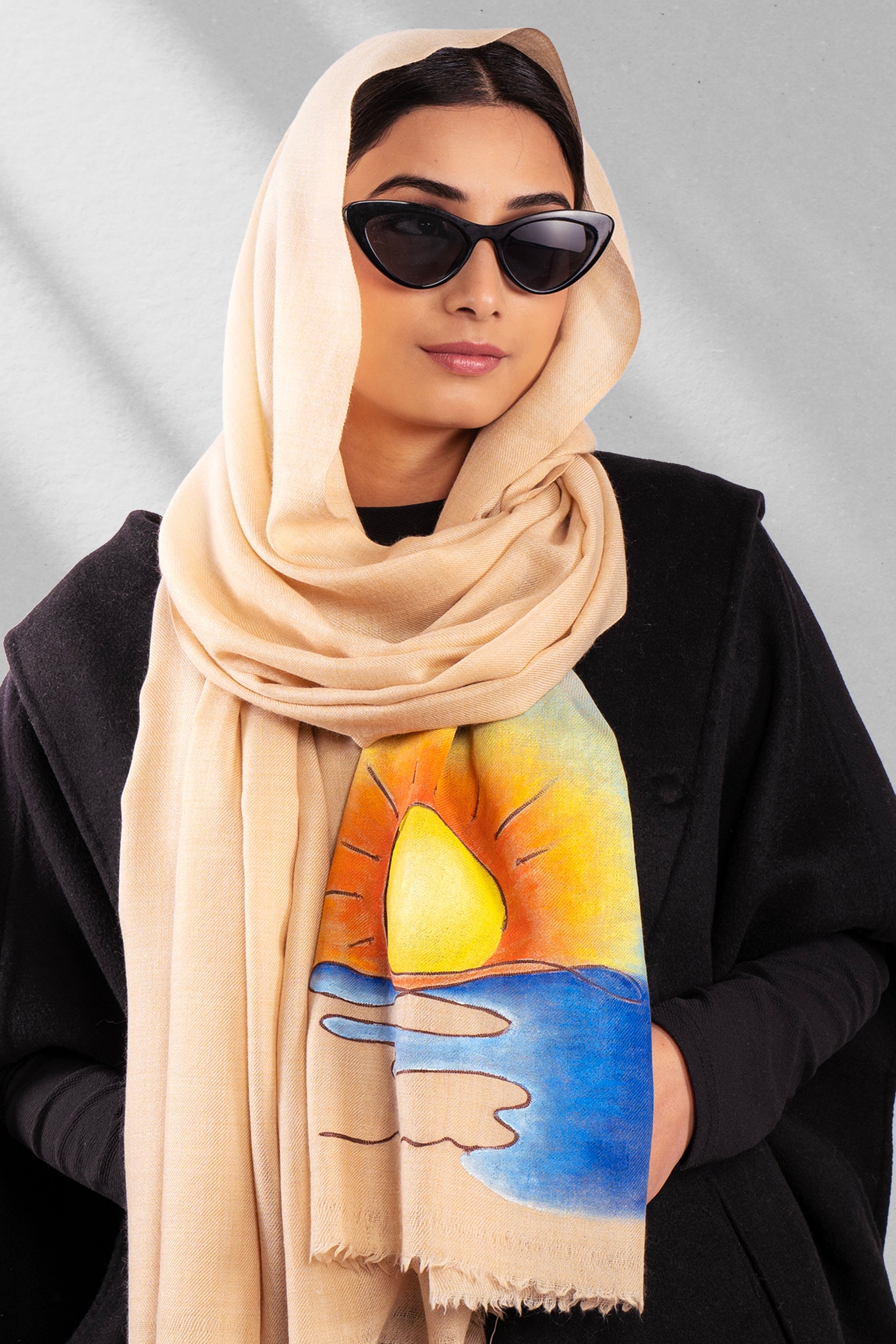 Beige Pure Pashmina Hand-Painted & Embroidered Scarf - Sunset Somewhere (Lines, Swirls & More)