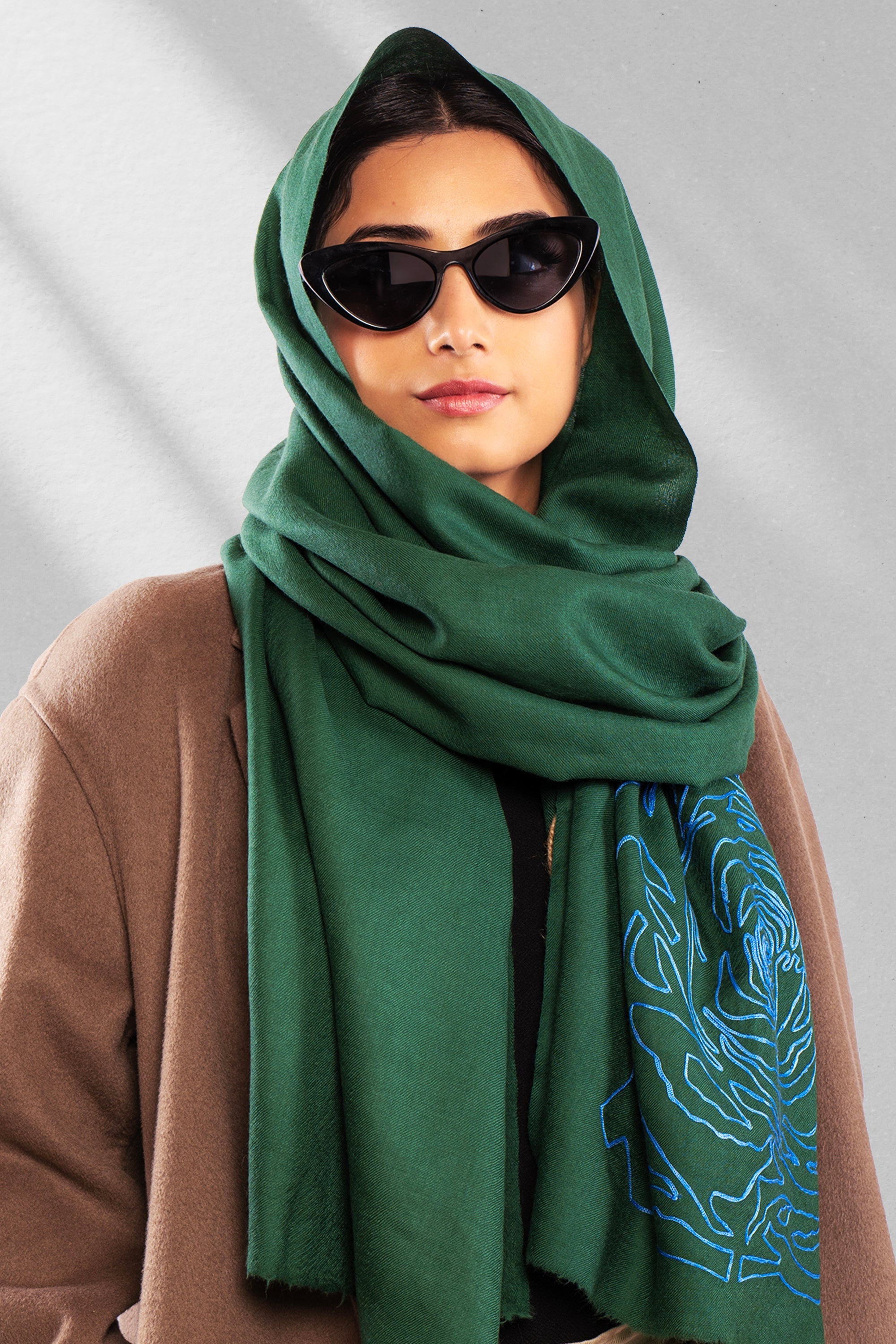 Green Pure Pashmina Embroidered Scarf - Have a Rosy Day (We Got You Flowers)