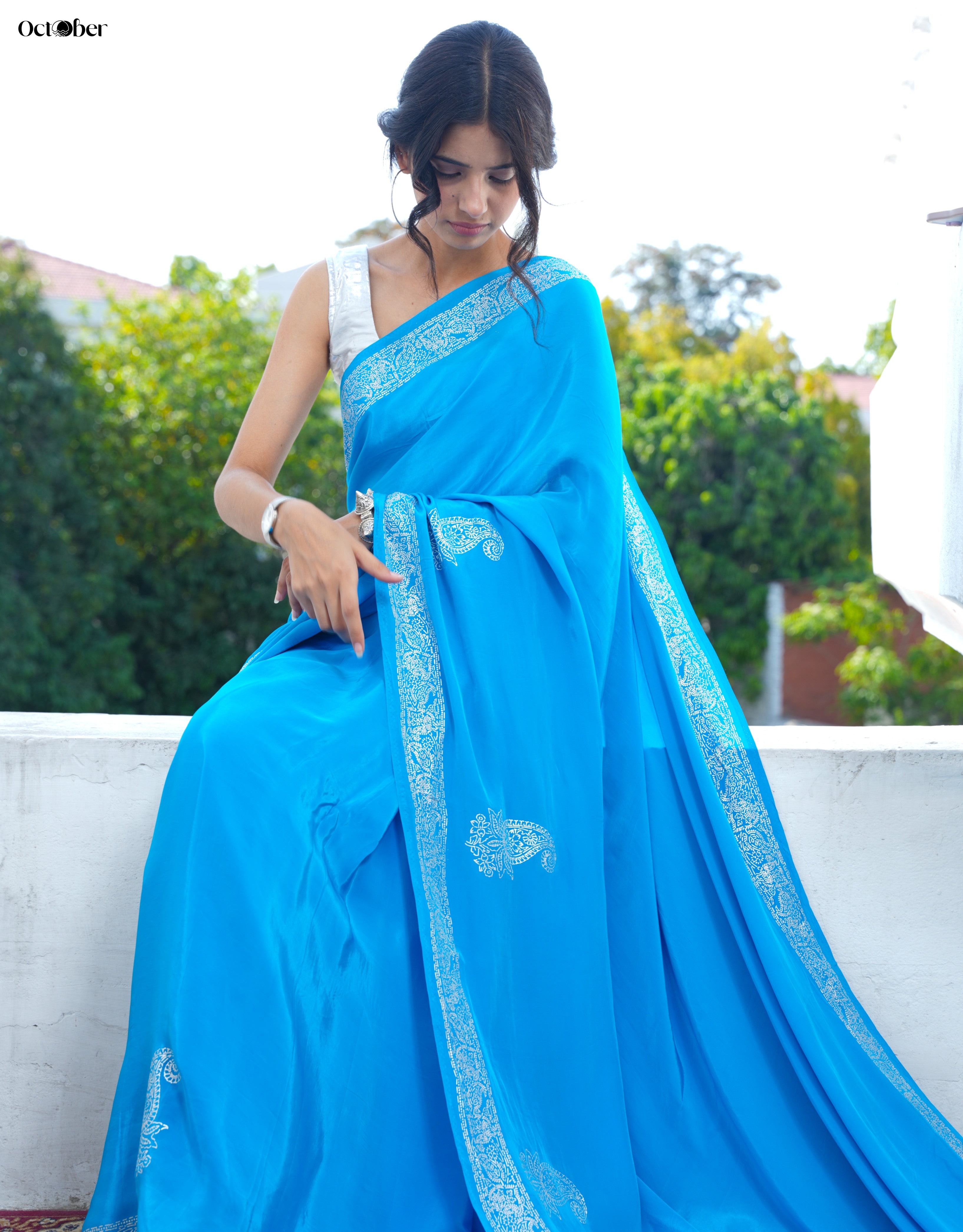 Deep Sky Real Silver Saree in Organic Crepe