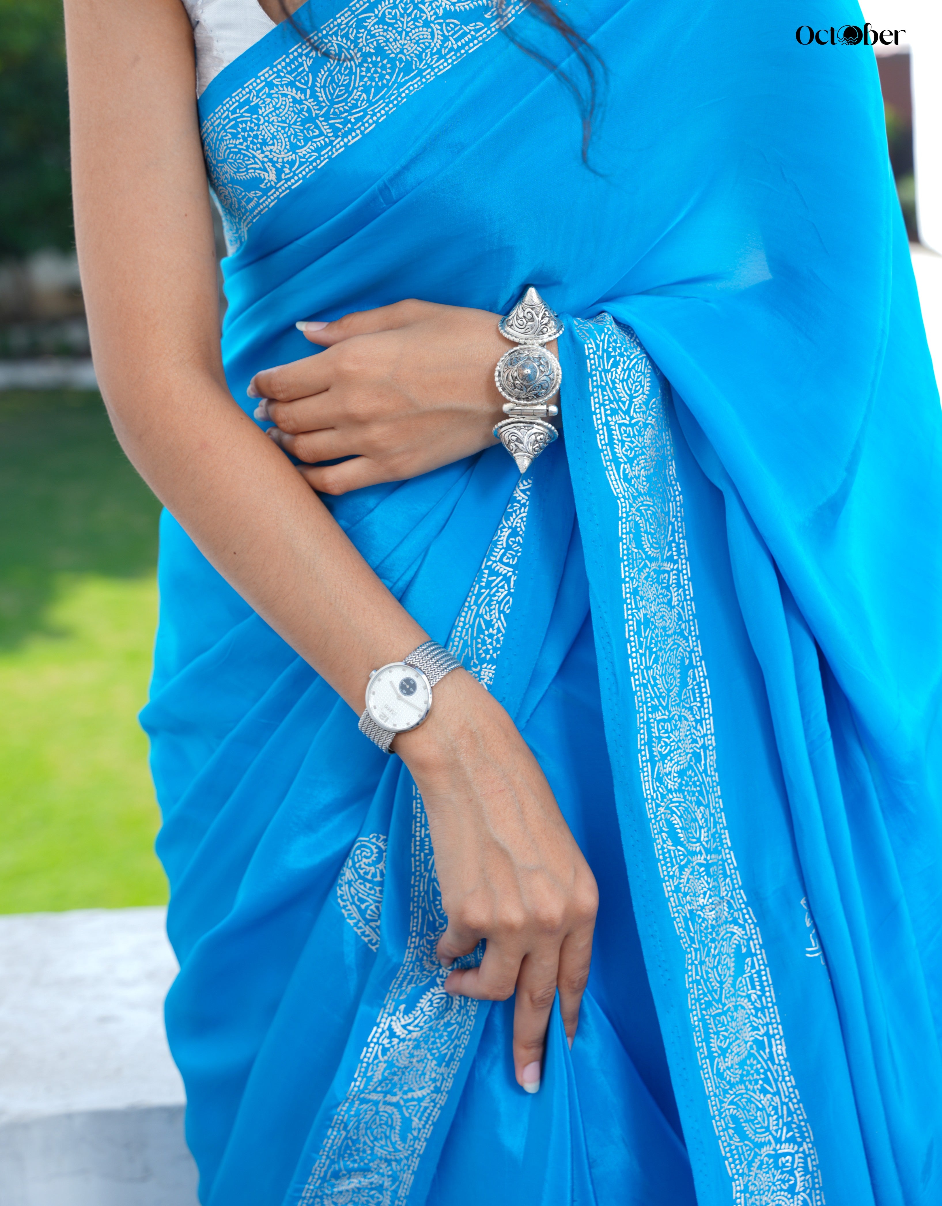 Deep Sky Real Silver Saree in Organic Crepe