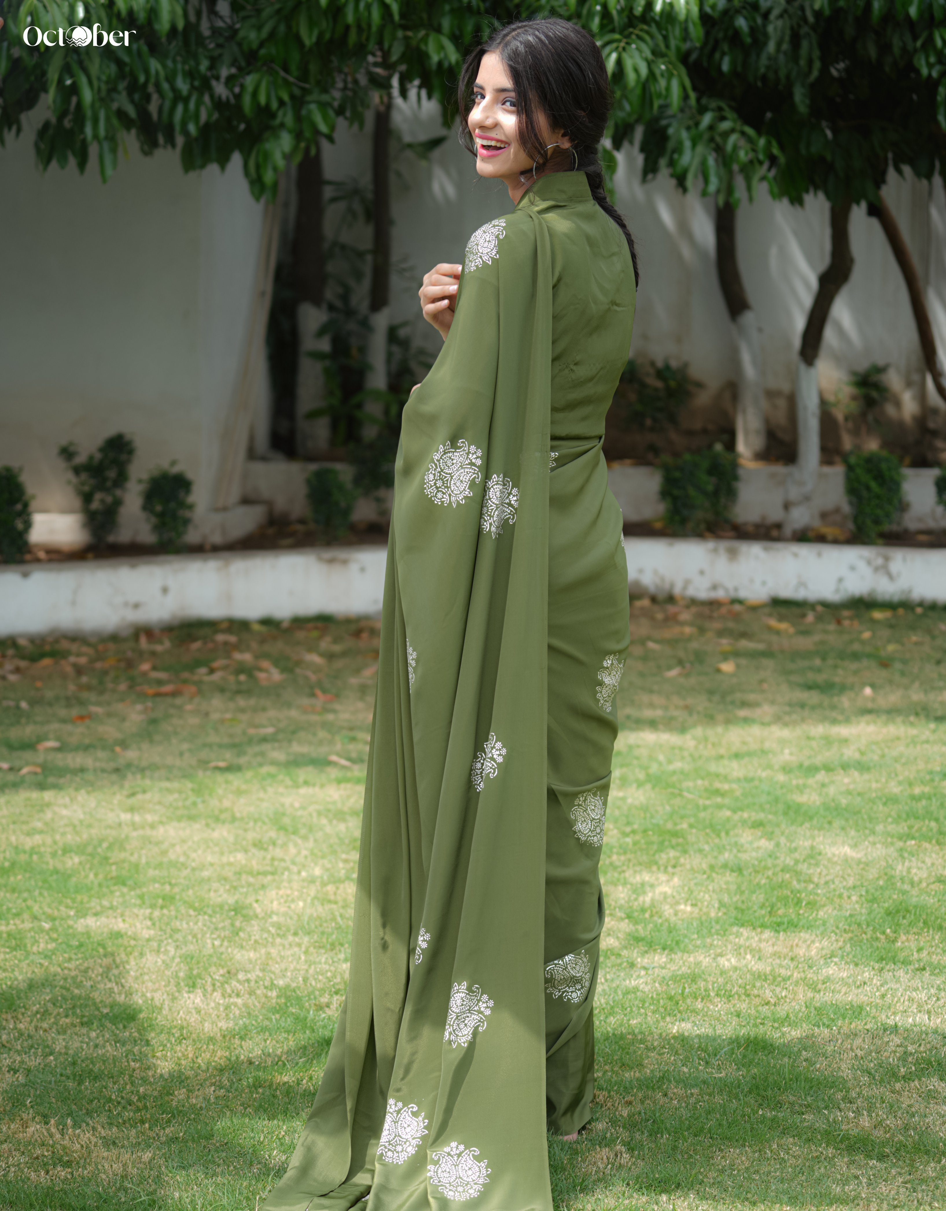 Chandi Ki Saree - Olive Green Silver Boota Crepe Saree (Silver Saree)