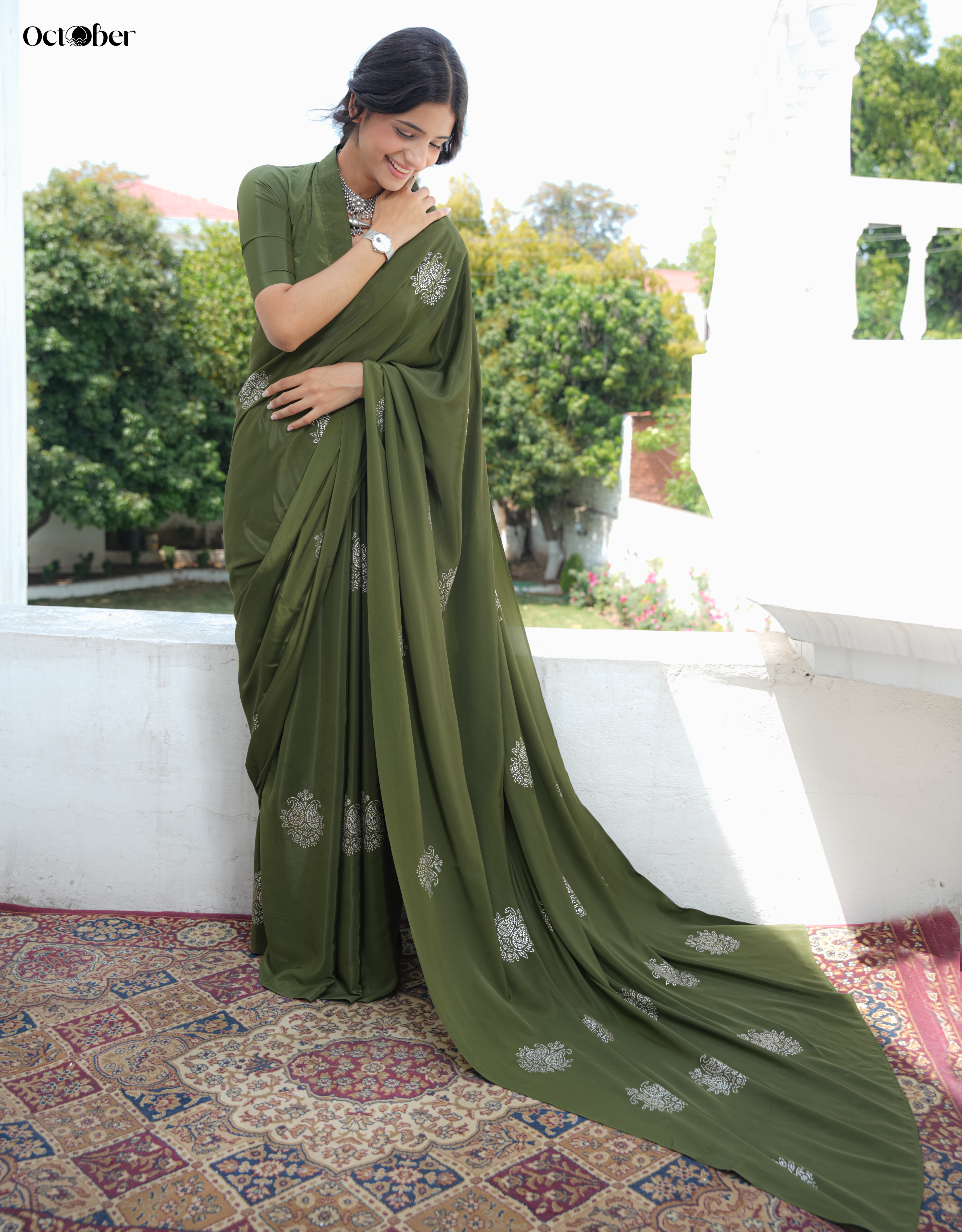 Sage Real Silver Saree in Organic Crepe