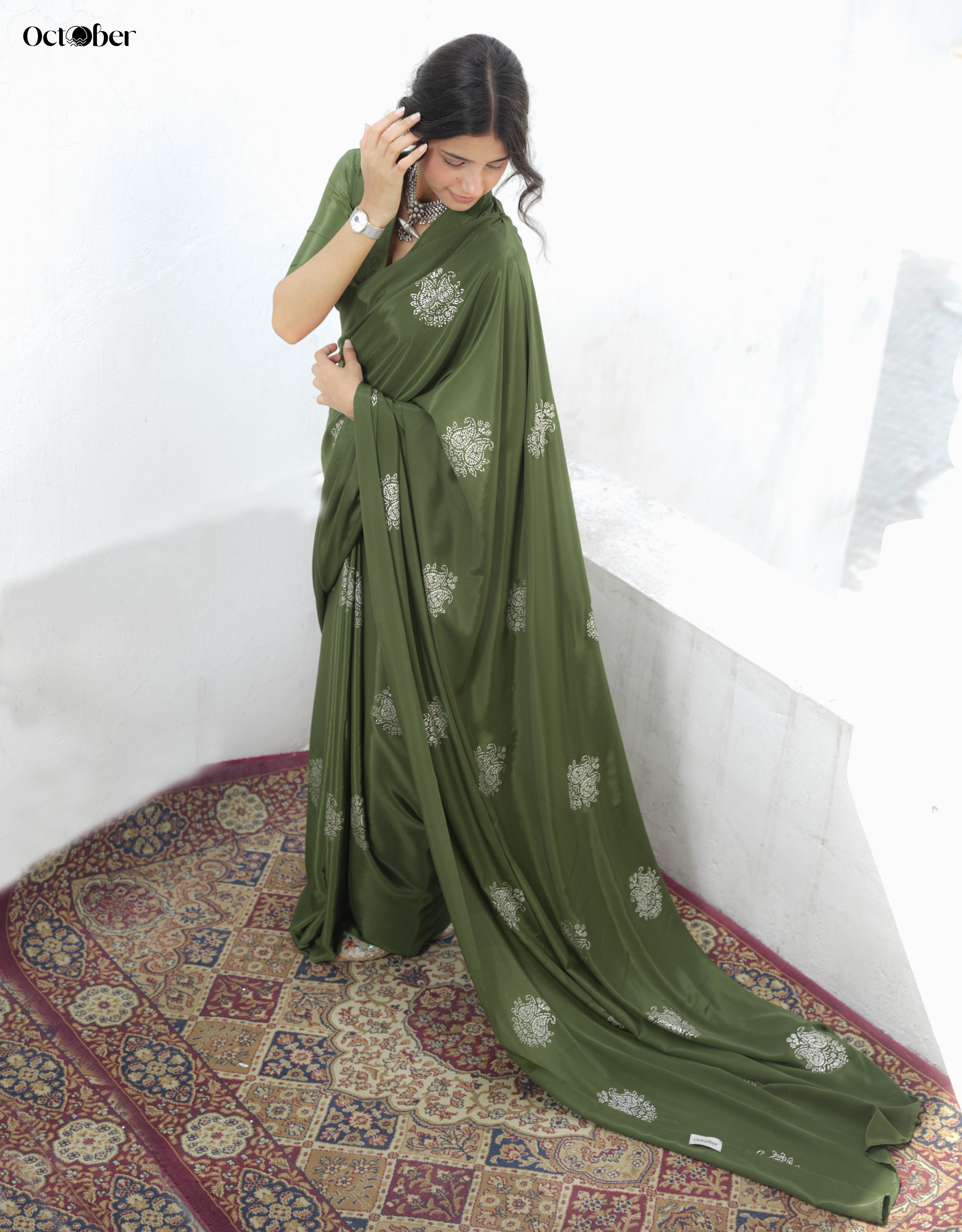 Chandi Ki Saree - Olive Green Silver Boota Crepe Saree (Silver Saree)