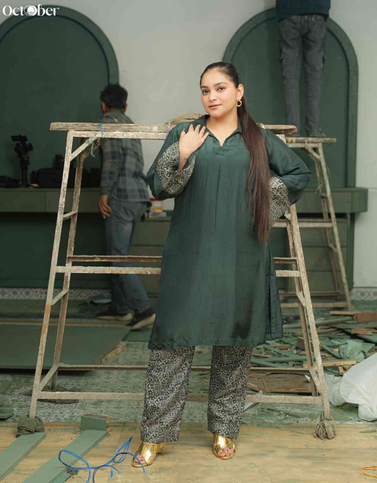 Emerald Silk Co-Ord Set in Real Silver Work