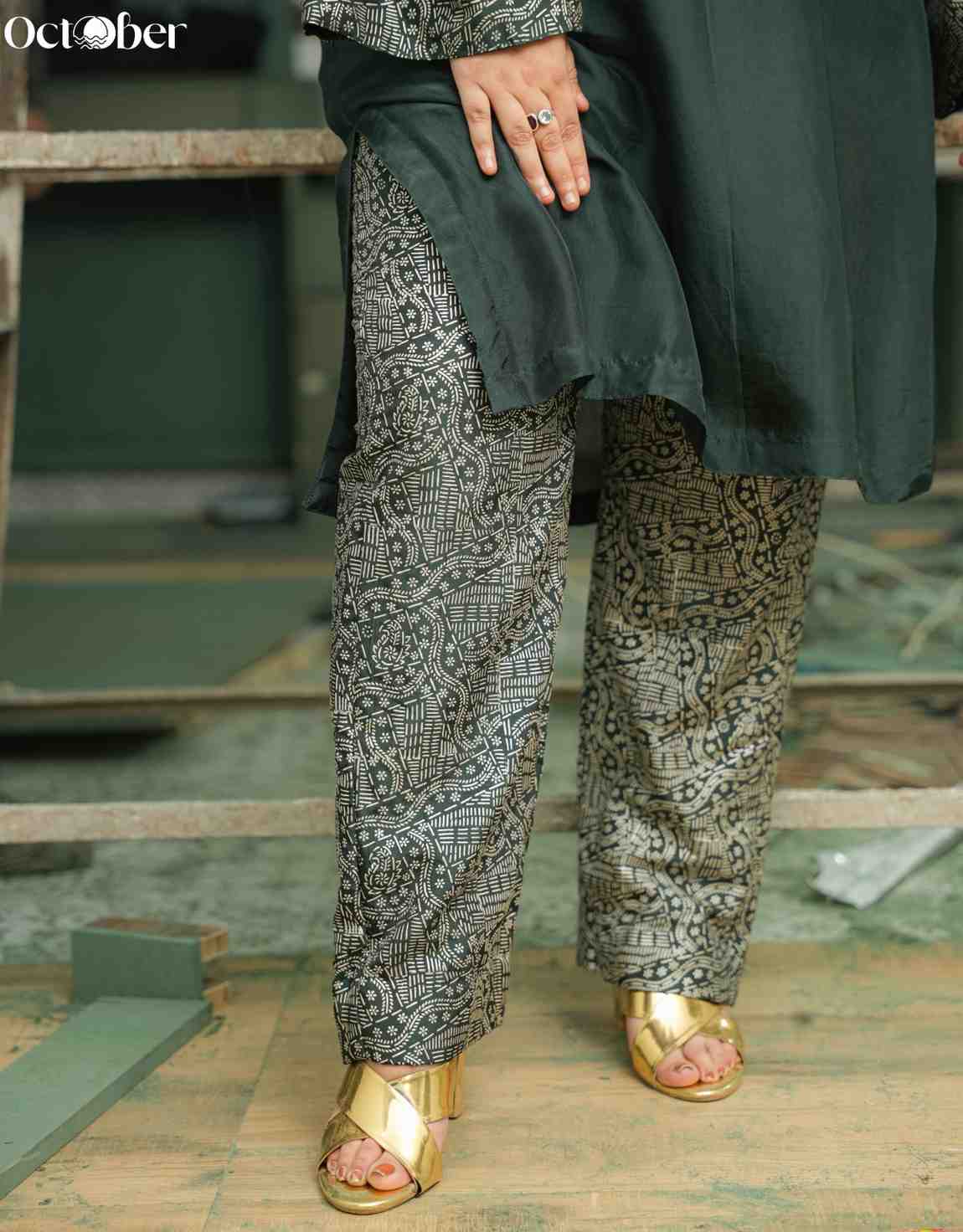 Emerald Silk Co-Ord Set in Real Silver Work
