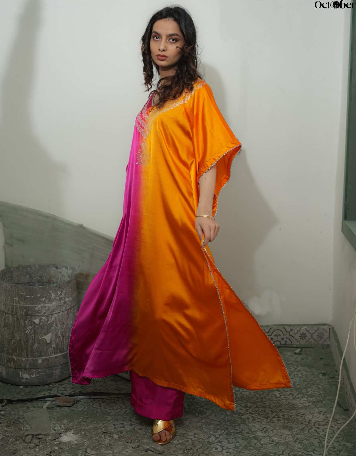 Orange & Magenta Satin Real Silver Kaftan - Hephaestus (The Greek Goddess)