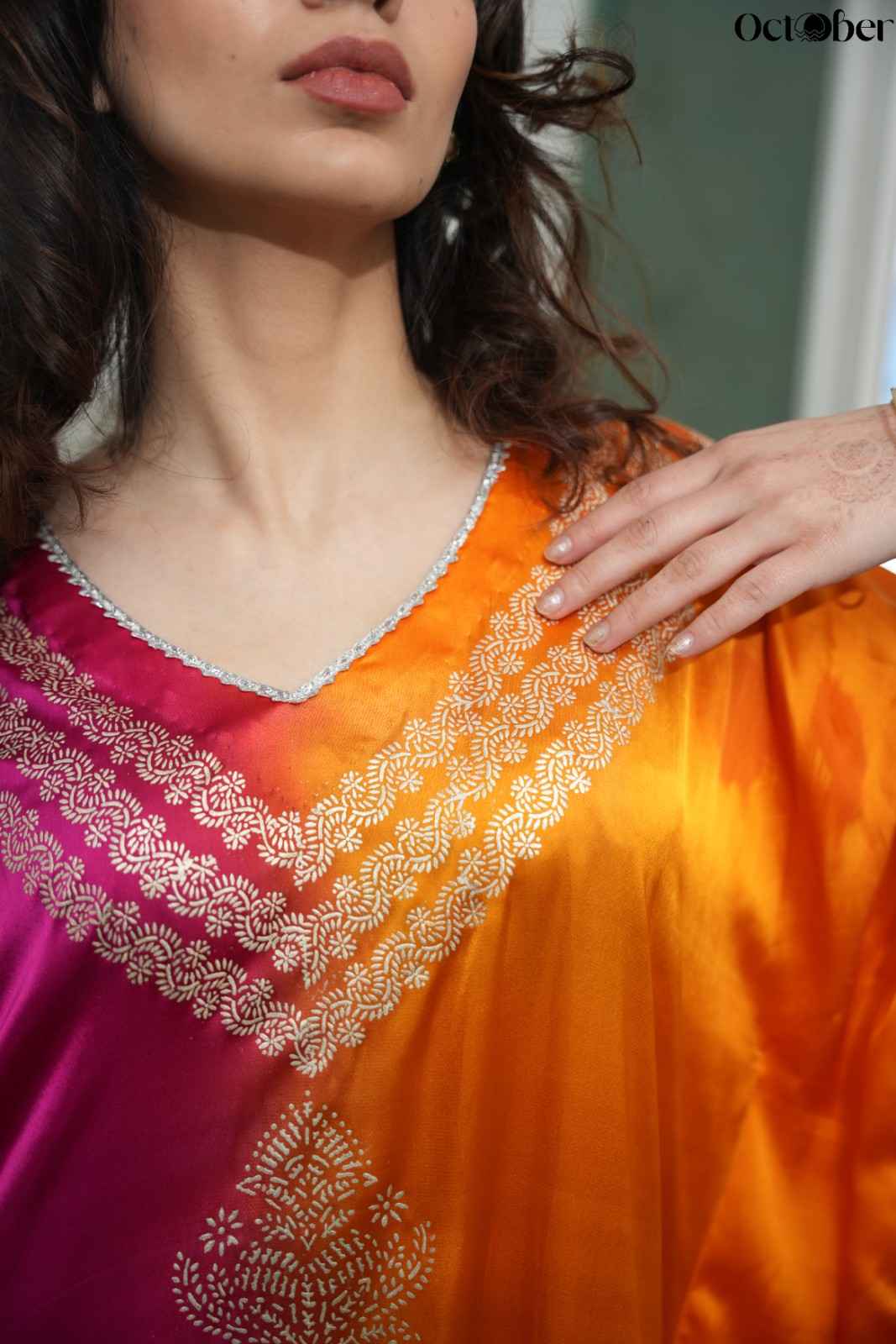 Orange & Magenta Satin Real Silver Kaftan - Hephaestus (The Greek Goddess)
