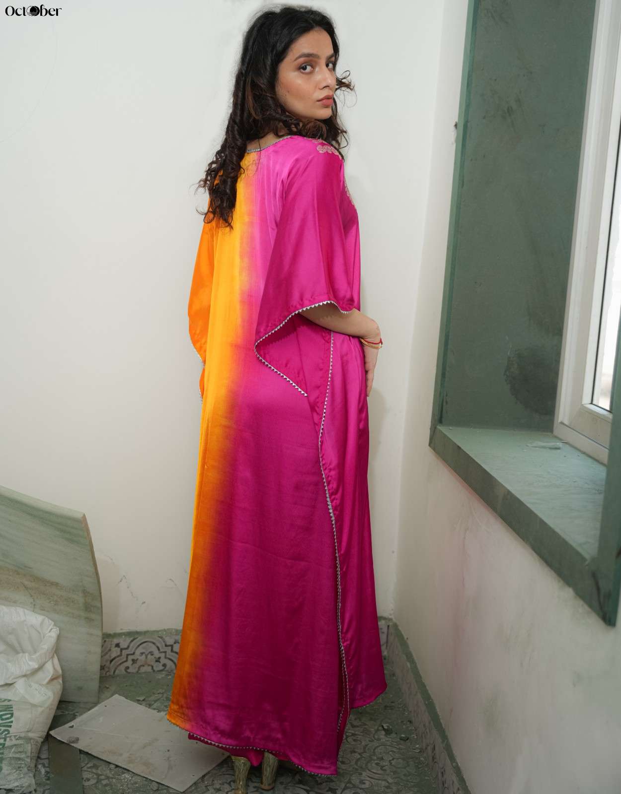 Orange & Magenta Satin Real Silver Kaftan - Hephaestus (The Greek Goddess)
