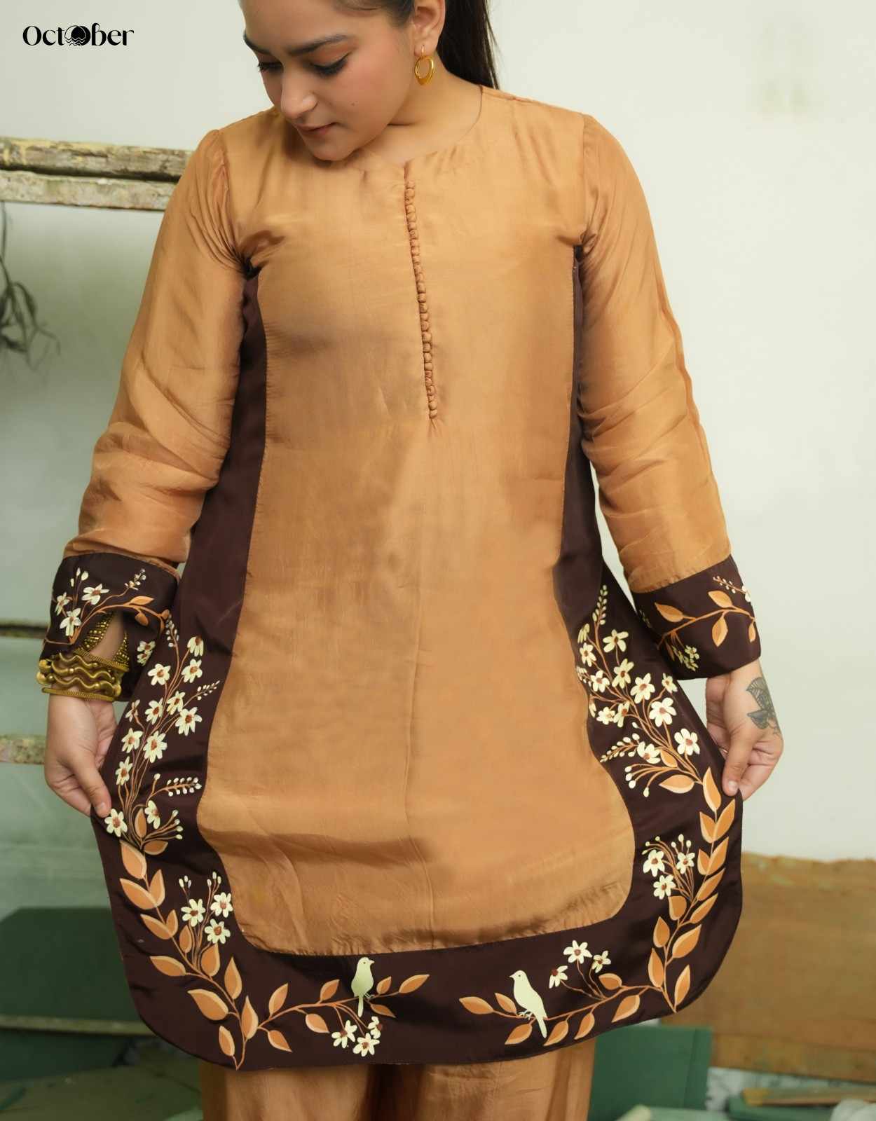Mocha Brown Silk Handpainted Co-Ord Set