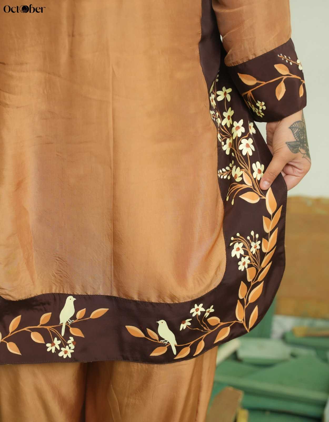 Mocha Brown Silk Handpainted Co-Ord Set