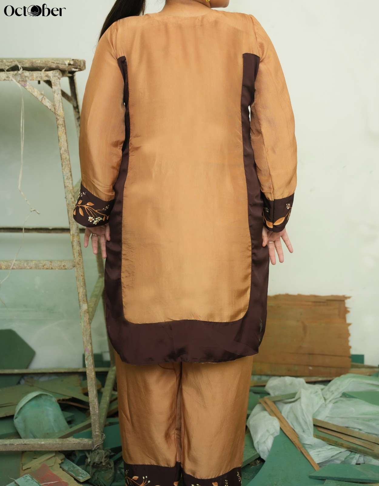 Mocha Brown Silk Handpainted Co-Ord Set