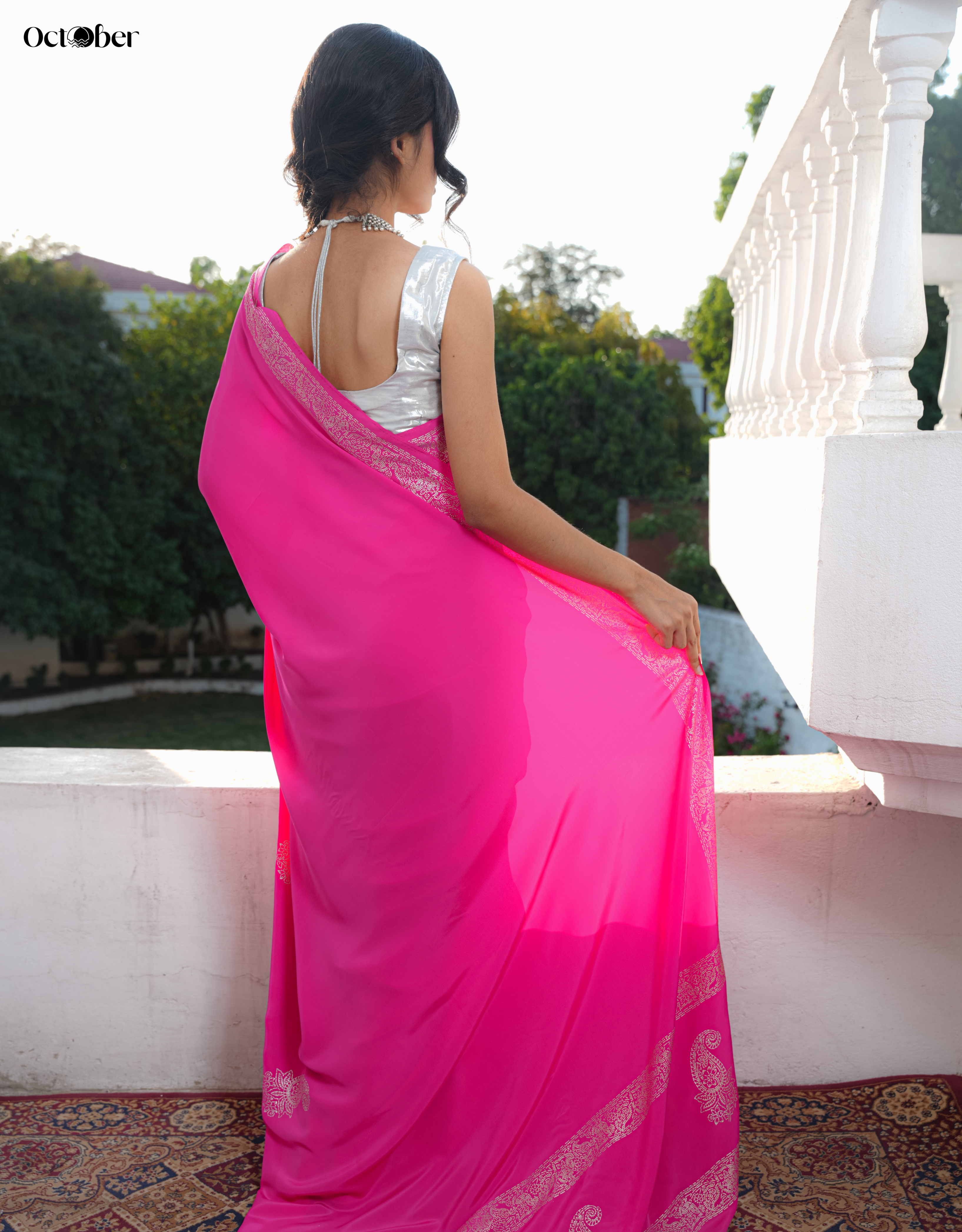 Rose Real Silver Saree in Organic Crepe