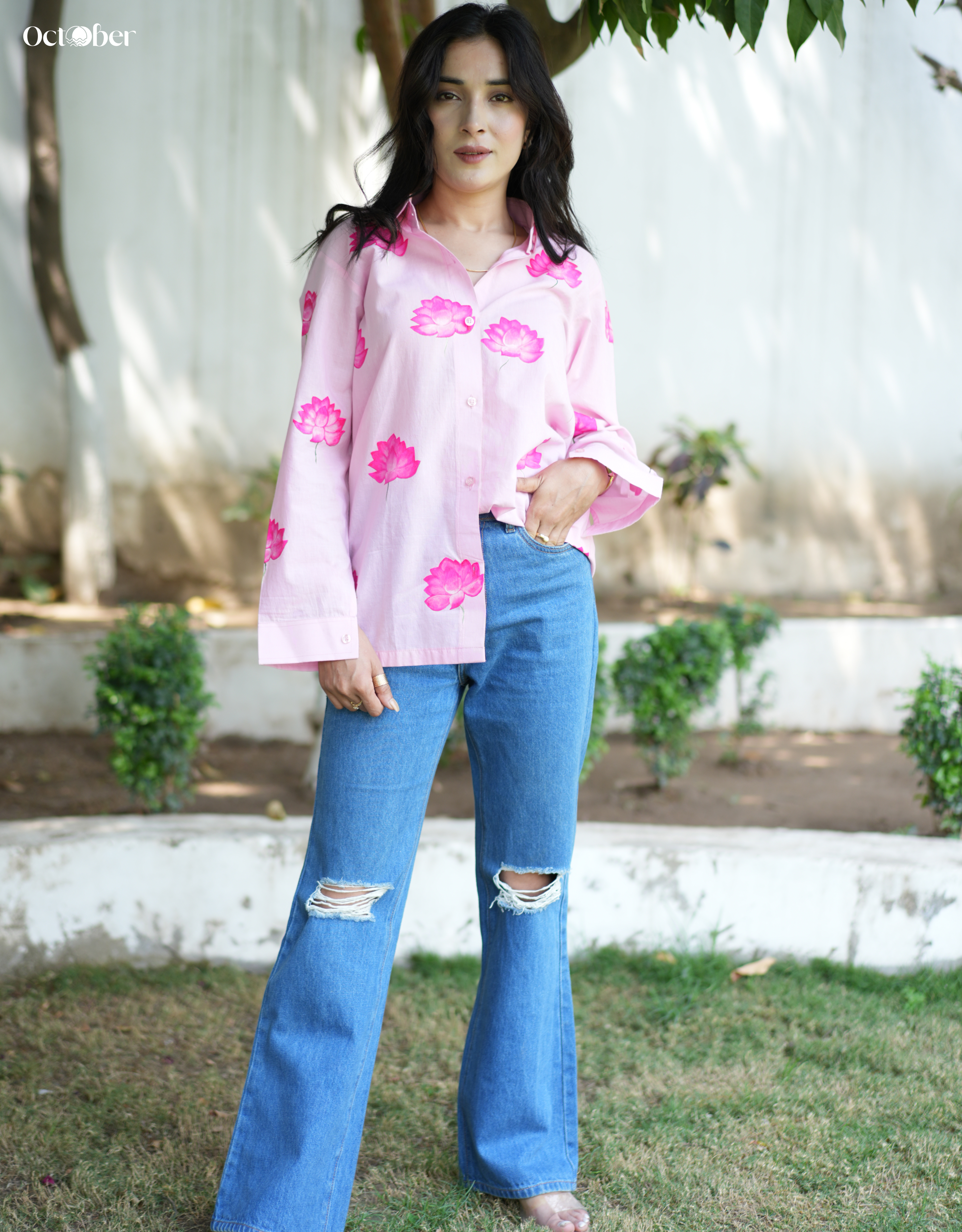 Blush Lotus Handpainted Cotton Shirt